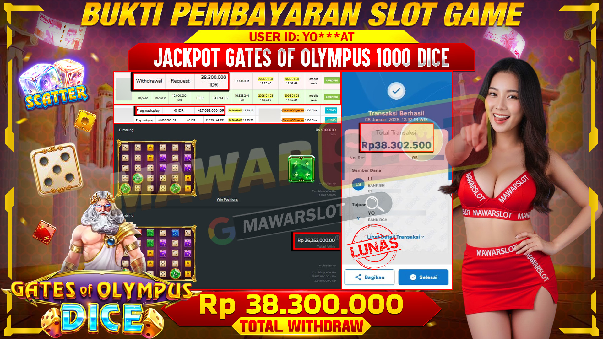 Bukti Pembayaran Jackpot Gates of Olympus 1000 Dice Resmi Dibayarkan