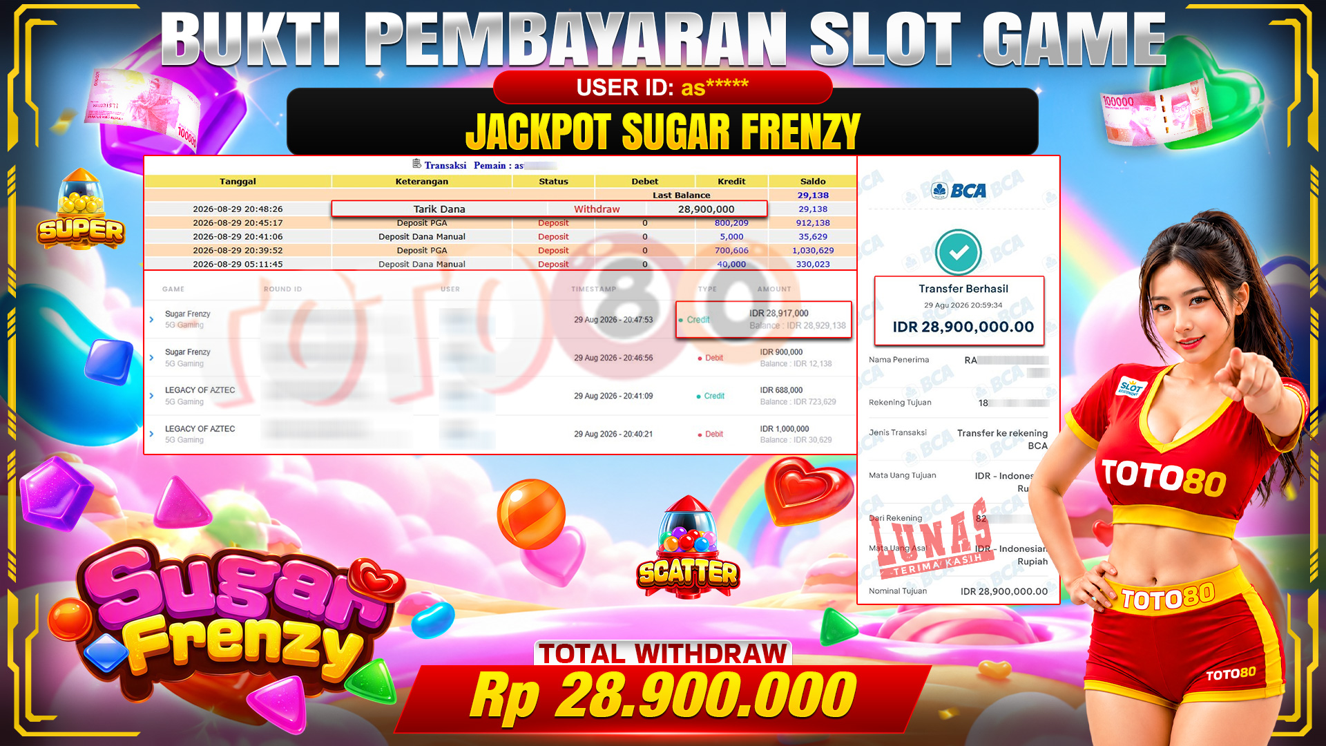 💰🎉 TOTO80 – JACKPOT SLOT  SUGAR FRENZY RP. 28,900,000,- TELAH DIBAYARKAN!💰🎉