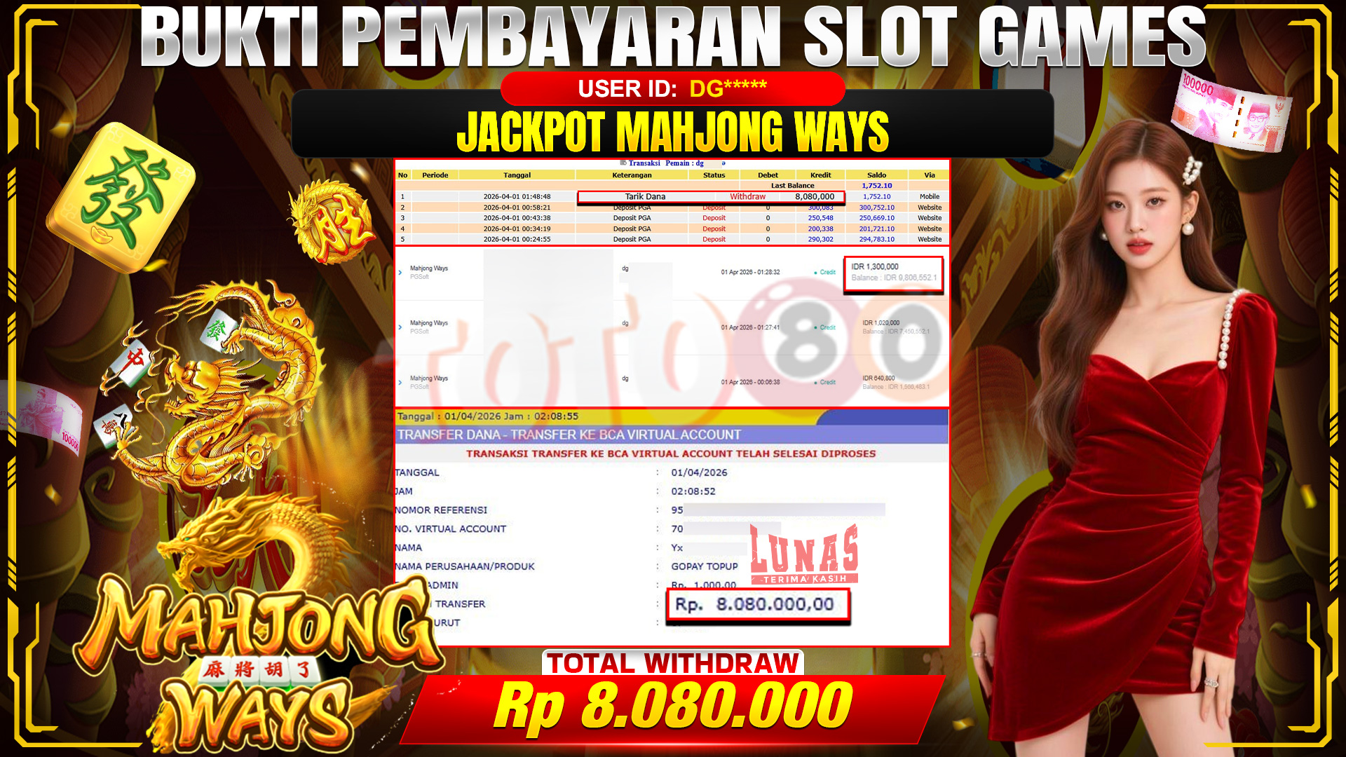 💰🎉 TOTO80 – JACKPOT SLOT MAHJONG WAYS RP. 8,080,000,- TELAH DIBAYARKAN!💰🎉
