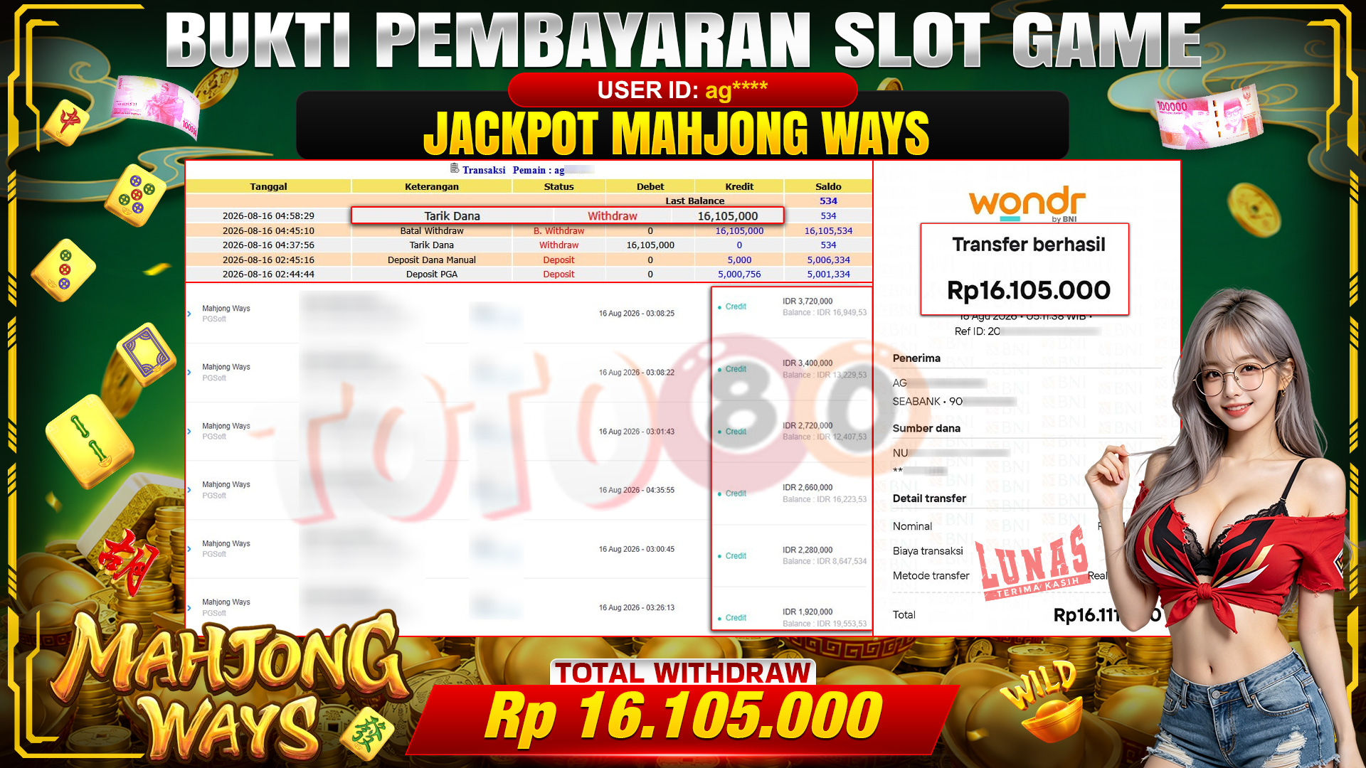 💰🎉 TOTO80 – JACKPOT SLOT MAHJONG  WAYS  RP. 16,105,000,-  TELAH DIBAYARKAN!💰🎉