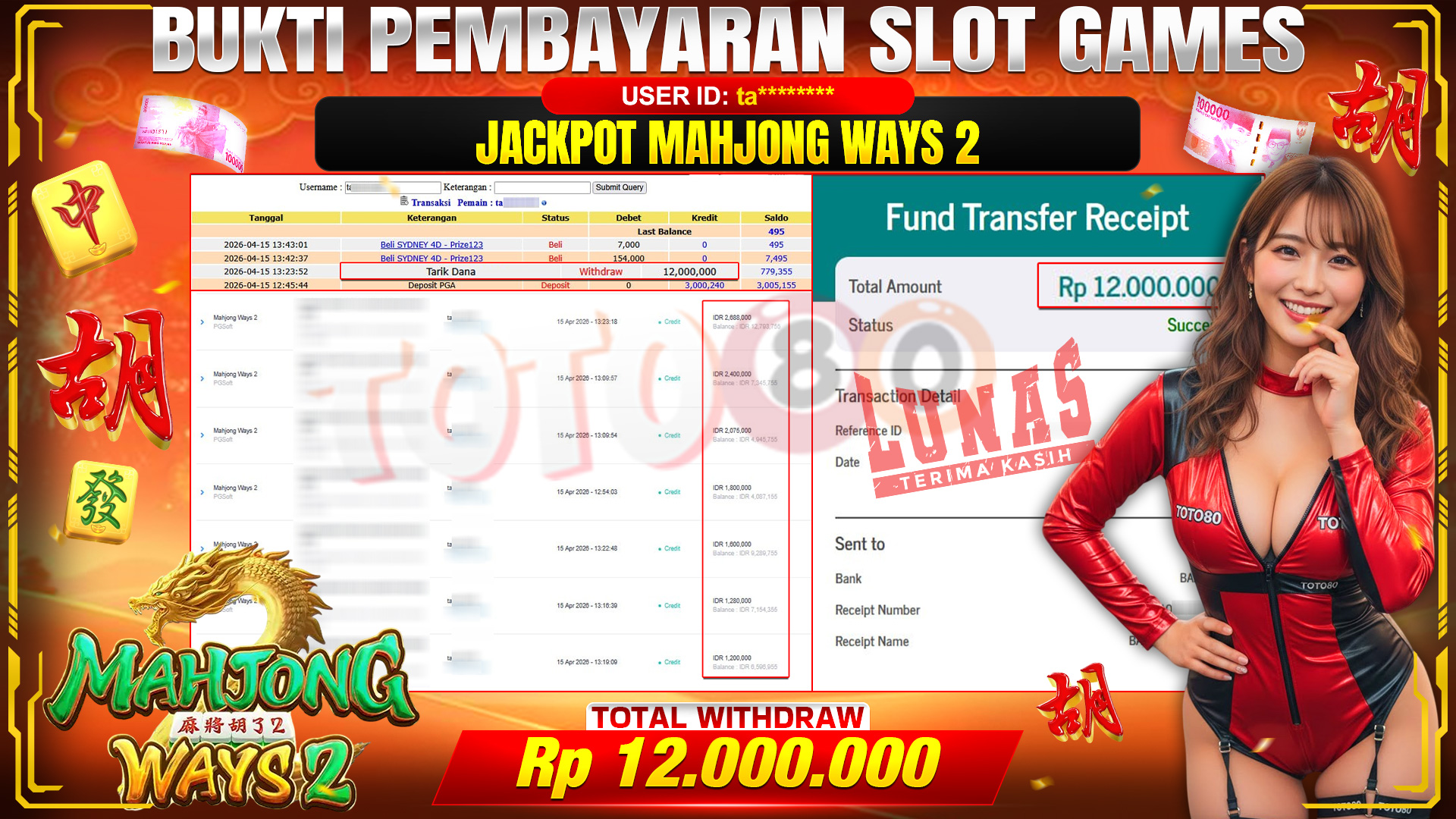💰🎉 TOTO80 – JACKPOT SLOT MAHJONG WAYS 2 RP. 12,000,000,- TELAH DIBAYARKAN!💰🎉
