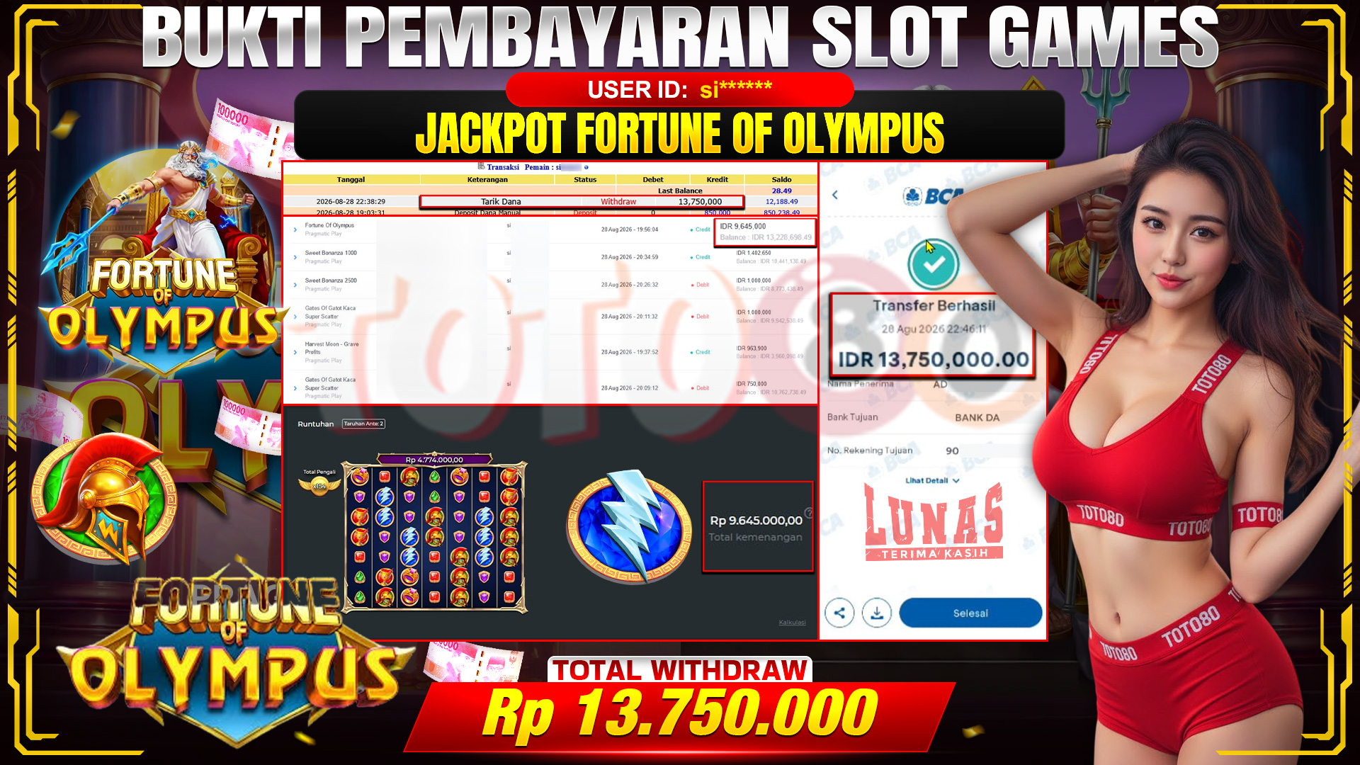 💰🎉 TOTO80 – JACKPOT SLOT  FORTUNE OF OLYMPUS RP. 13,750,000,- TELAH DIBAYARKAN!💰🎉