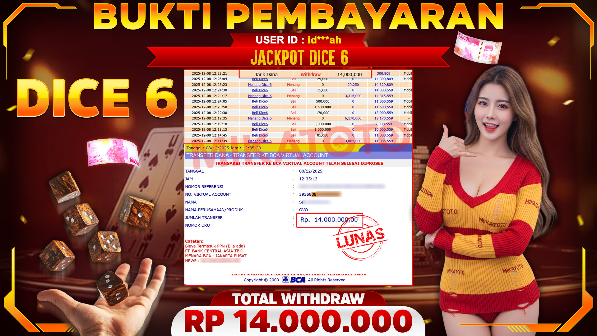 SELAMAT KEPADA PEMENANG JACKPOT DI Dice6 - LIVE GAME 14,000,000🏆
