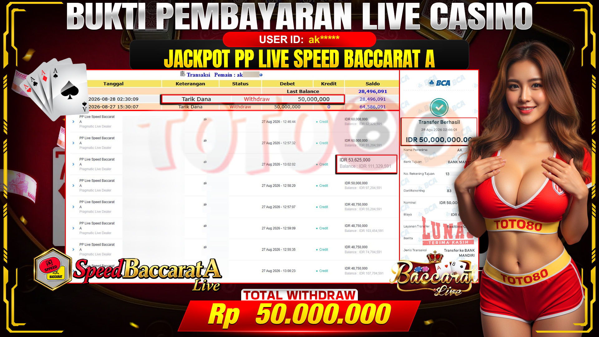 💰🎉 TOTO80 – JACKPOT PP LIVE  SPEED  BACCARAT A RP. 50,000,000,- TELAH DIBAYARKAN!💰🎉