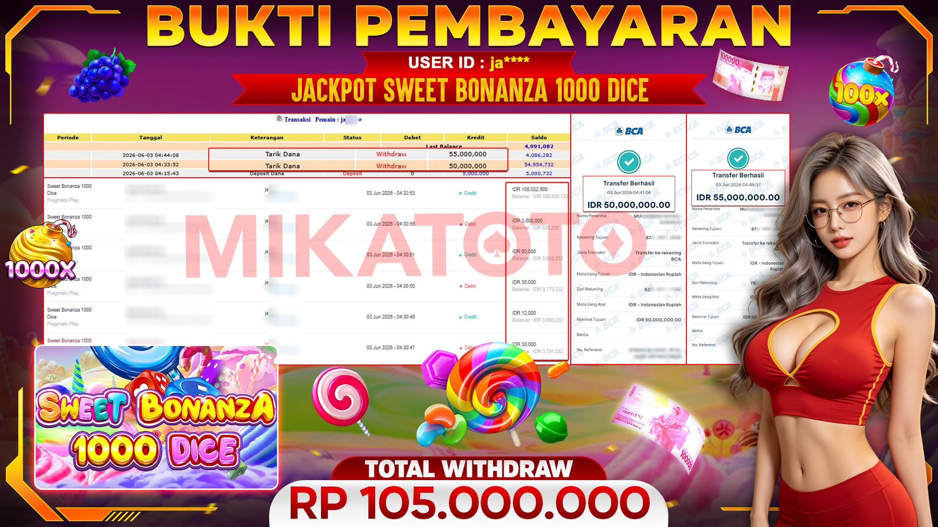🏆 SELAMAT KEPADA PEMENANG JACKPOT DI Sweet Bonanza 1000 Dice - Pragmatic Play 105,000,000🏆