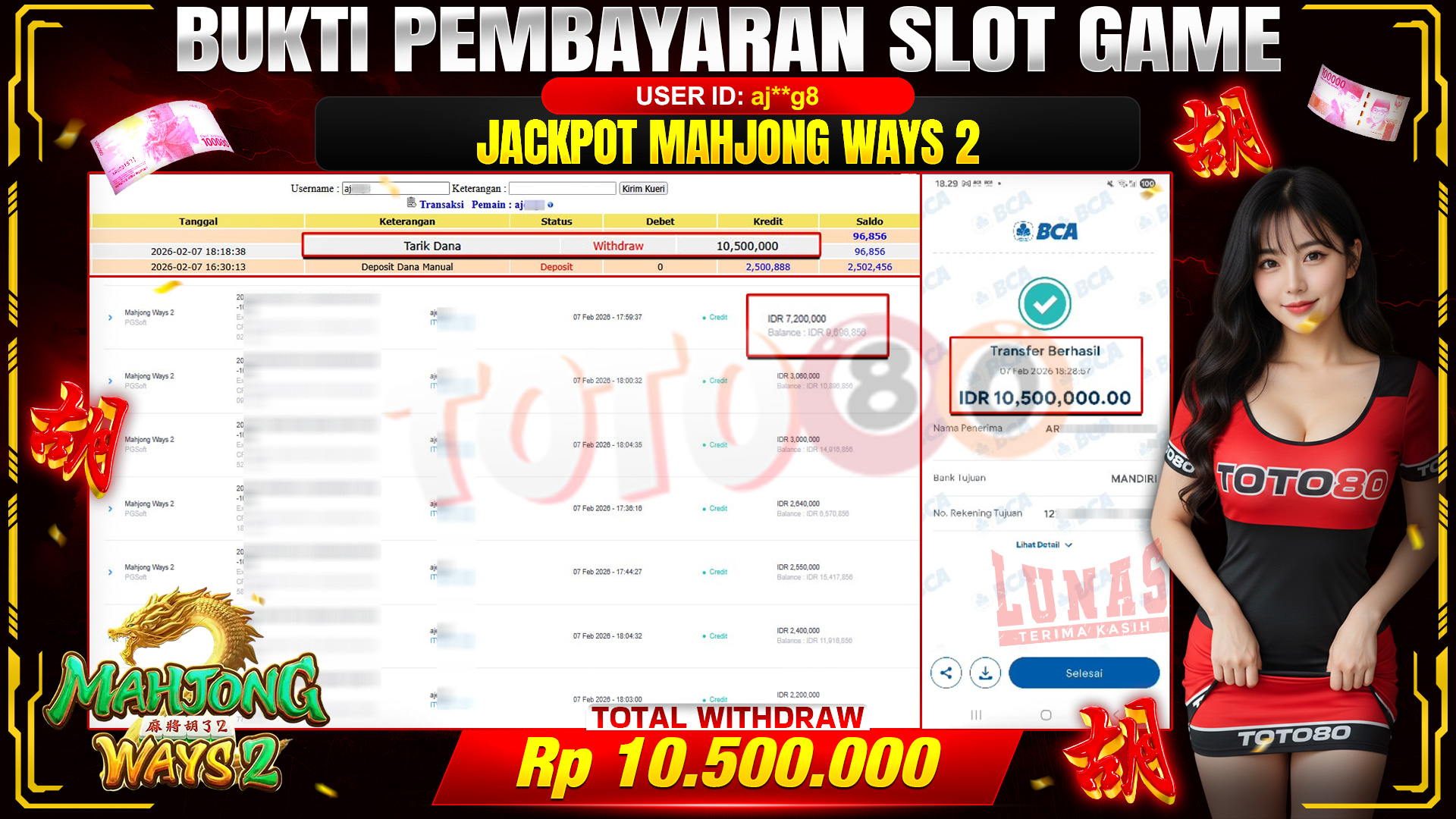 🎉 TOTO80 – JACKPOT SLOT MAHJONG WAYS 2 RP.  10,500,000,- TELAH DIBAYARKAN! 🎉