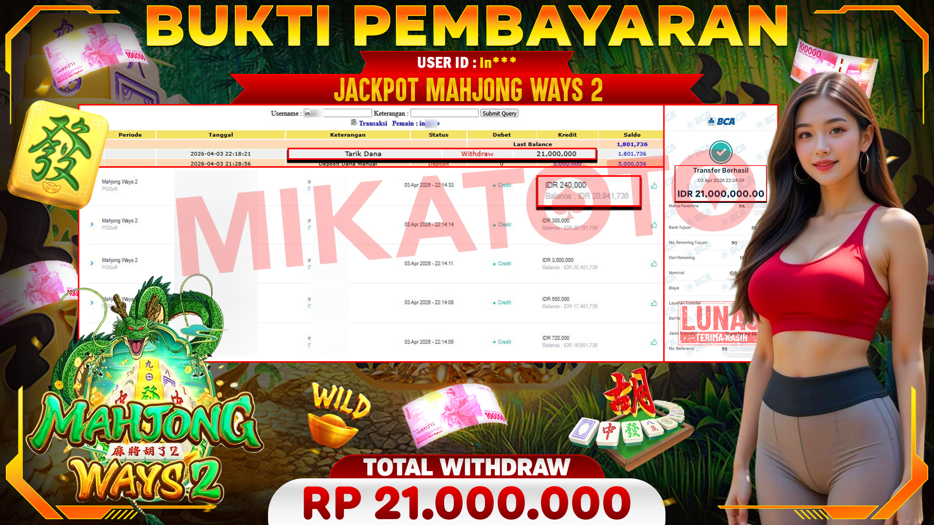 🏆 SELAMAT KEPADA PEMENANG JACKPOT DI Mahjong Ways 2 1000  - PGSoft 21,000,000🏆