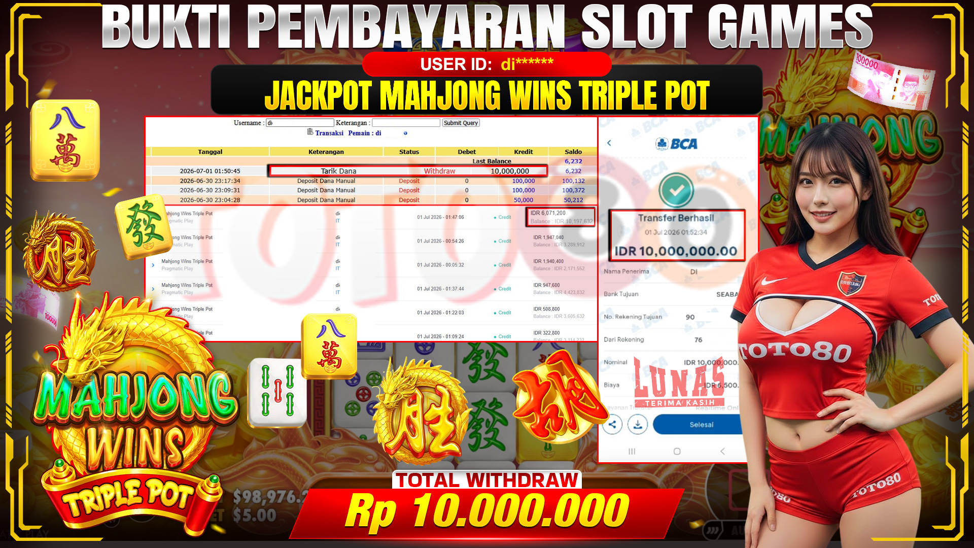 💰🎉TOTO80 – JACKPOT SLOT MAHJONG WINS TRIPLE POT  RP. 10,000,000,- TELAH DIBAYARKAN! 💰🎉