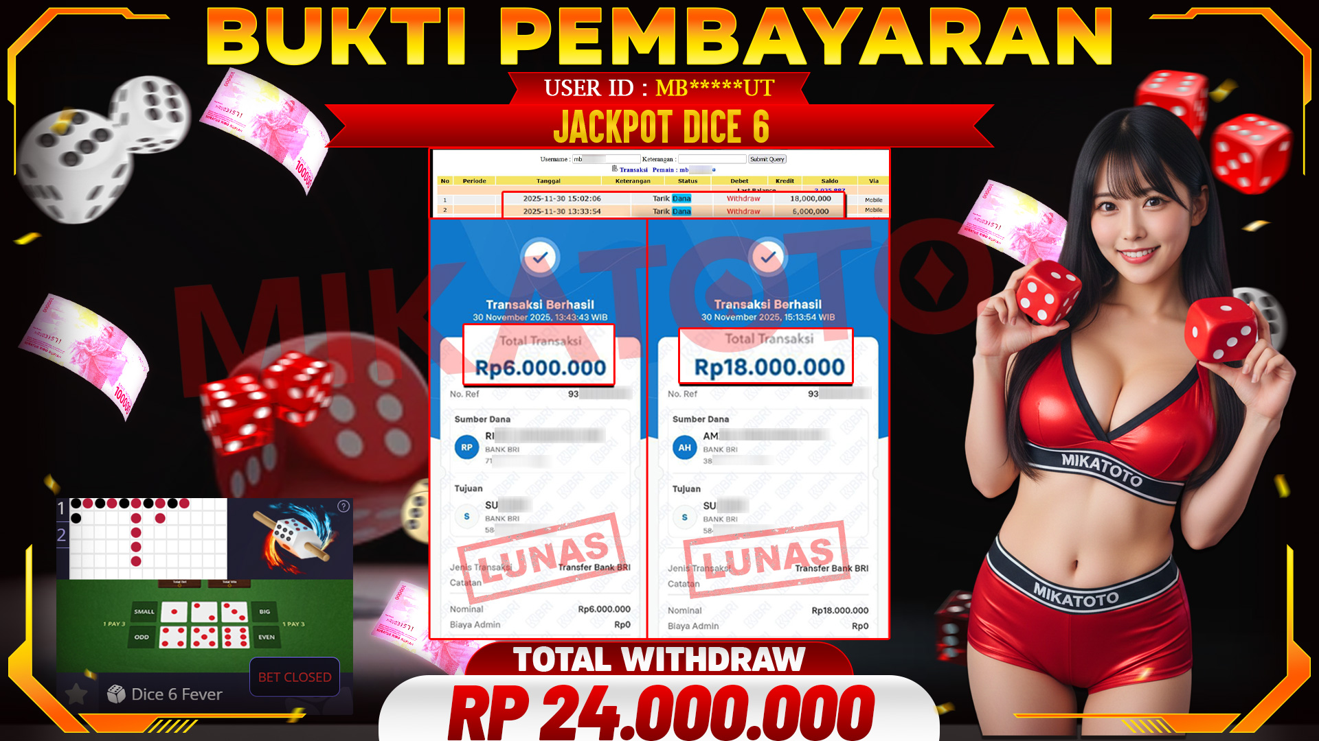SELAMAT KEPADA PEMENANG JACKPOT DI Dice 6 - Live Game 24,000,000🏆