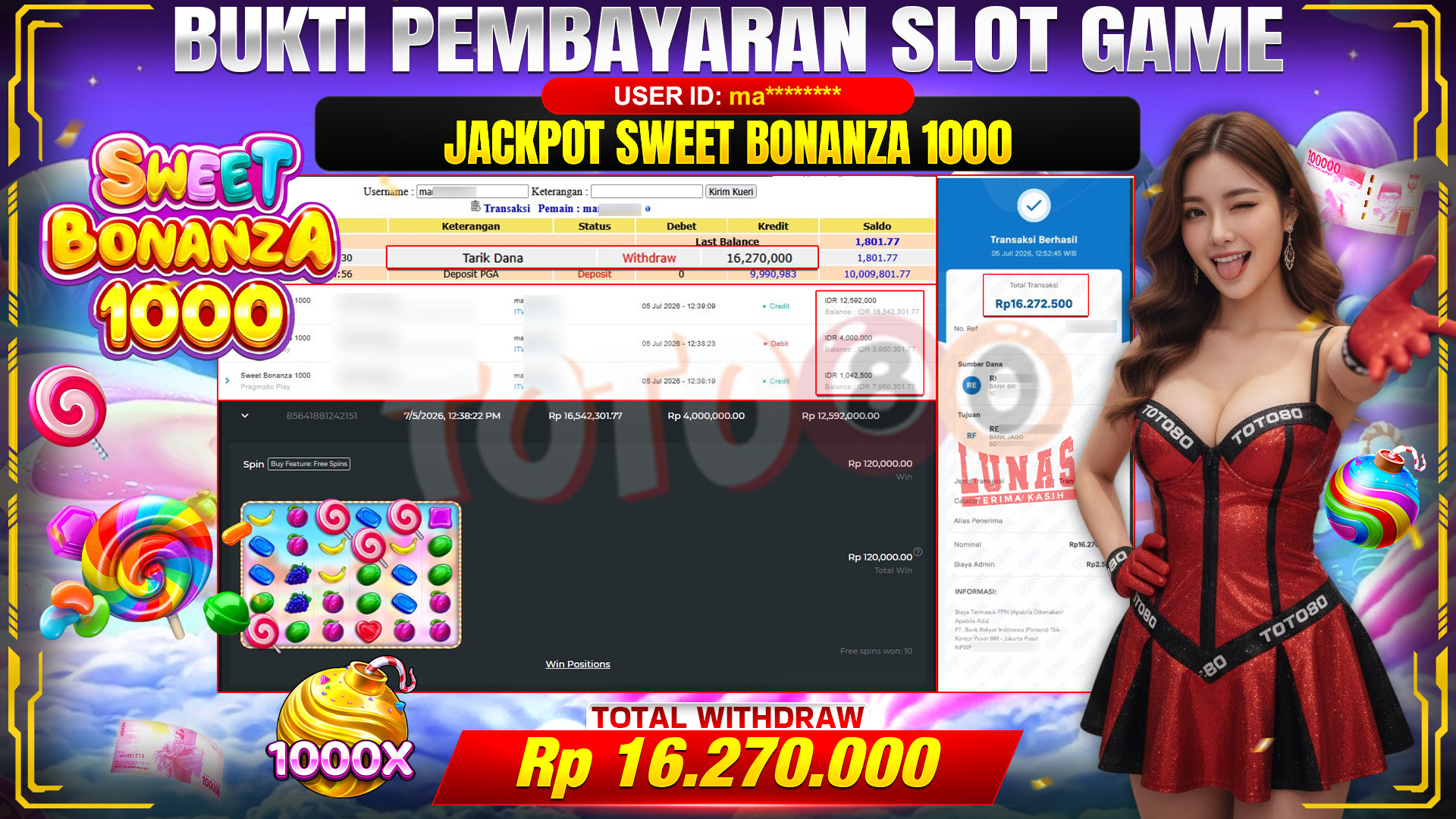 💰🎉  TOTO80 – JACKPOT SLOT SWEET BONANZA 1000 RP. 16,270,000,- TELAH DIBAYARKAN! 💰🎉 