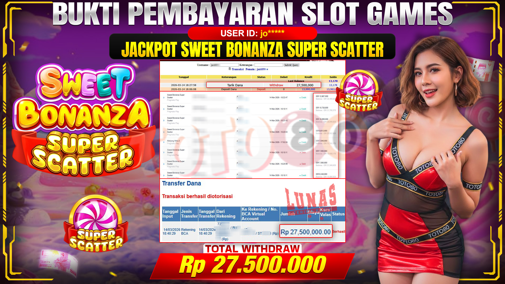 🎉 TOTO80 – JACKPOT SLOT SWEET BONANZA SUPER SCATTER RP. 27,500,000,- TELAH DIBAYARKAN! 🎉
