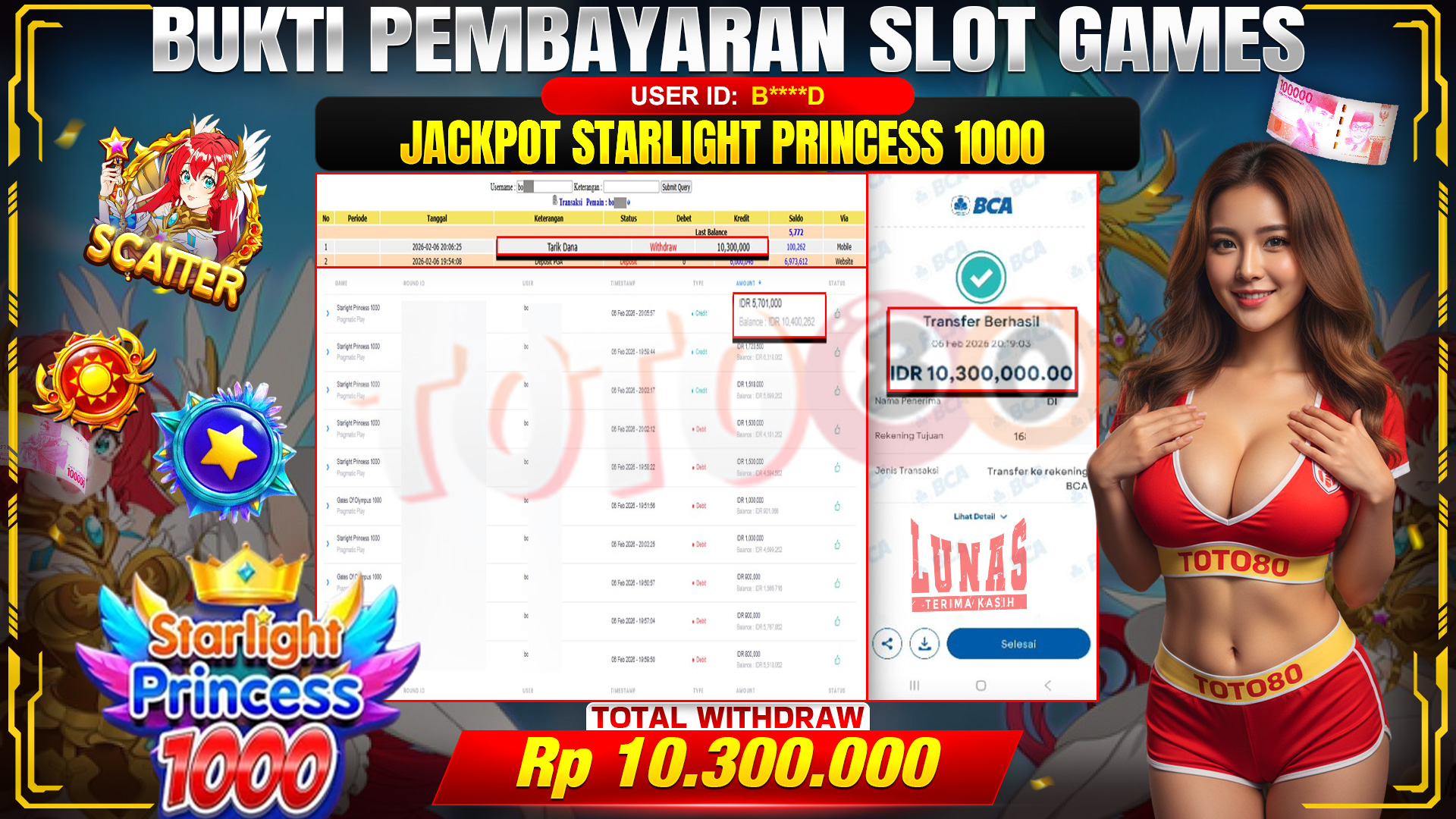 🎉 TOTO80 – JACKPOT SLOT STARLIGHT PRINCES 1000 RP. 10,300,000,- TELAH DIBAYARKAN! 🎉