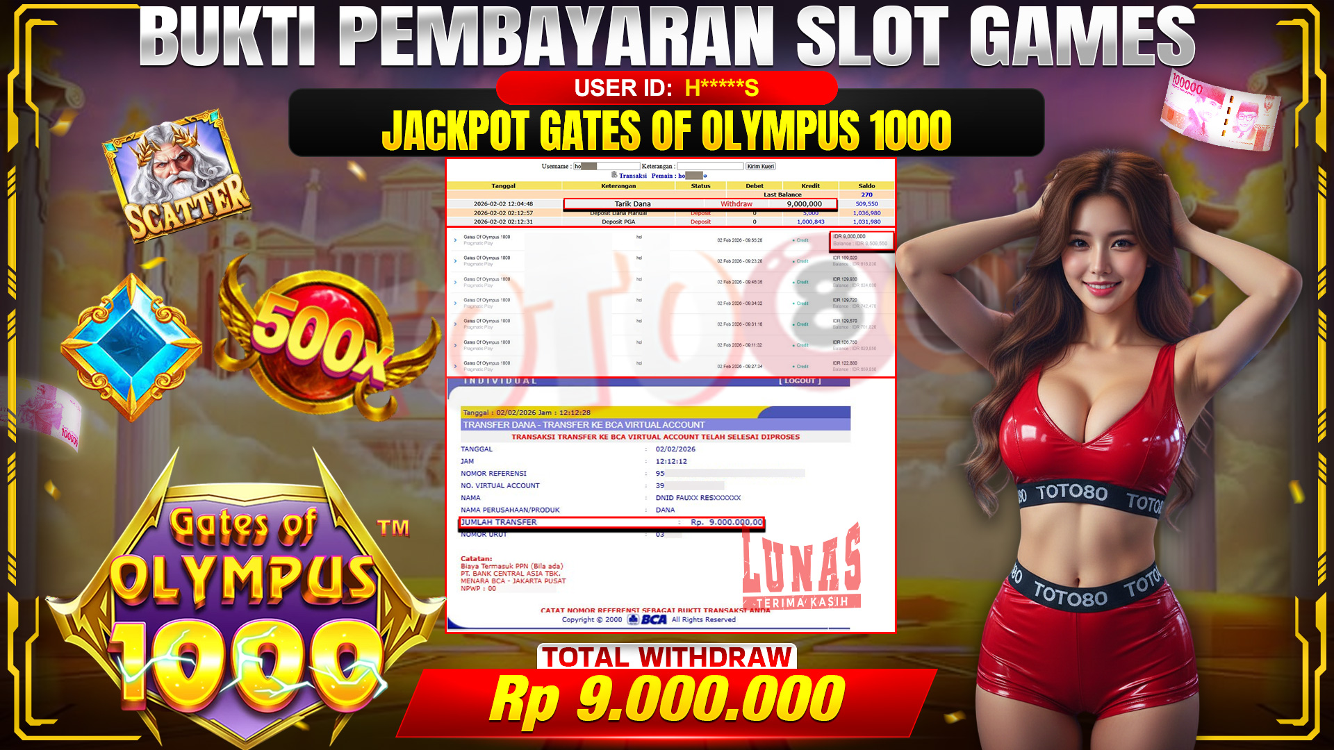 🎉 TOTO80 – JACKPOT SLOT GATES OF OLYMPUS 1000 RP. 9,000,000,- TELAH DIBAYARKAN! 🎉