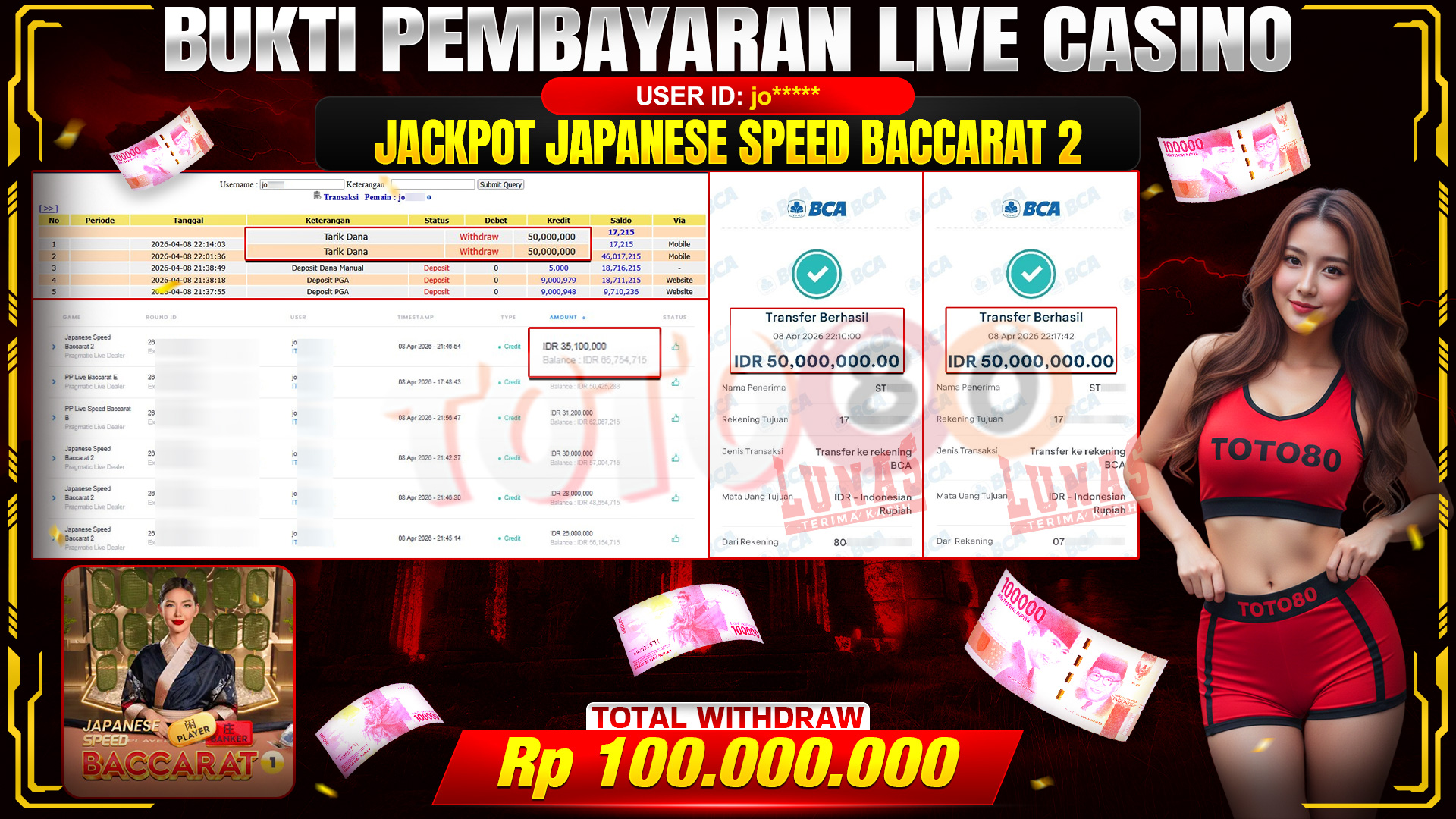 💰🎉 TOTO80 – JACKPOT  JAPANESE SPEED BACCARAT 2  RP. 100,000,000,- TELAH DIBAYARKAN!💰🎉