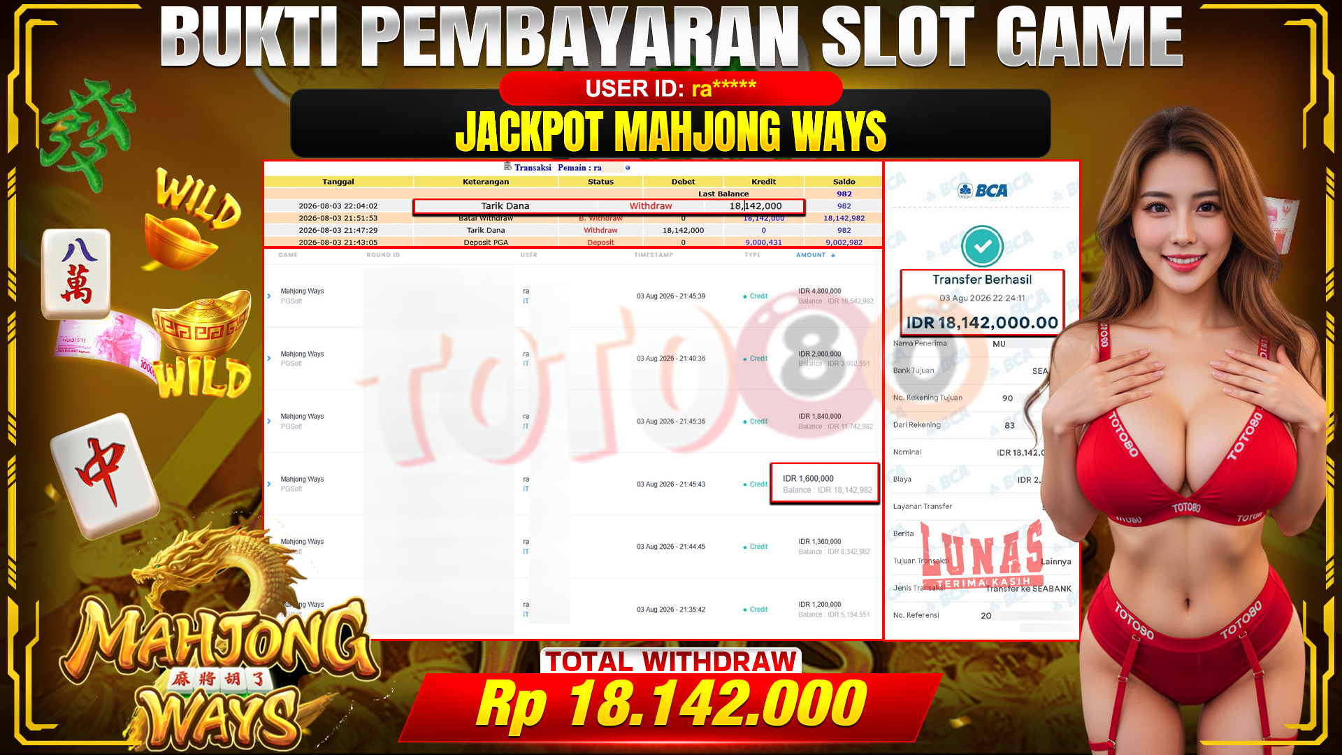 💰🎉 TOTO80 – JACKPOT SLOT MAHJONG  WAYS  RP. 18,142,000,-  TELAH DIBAYARKAN!💰🎉