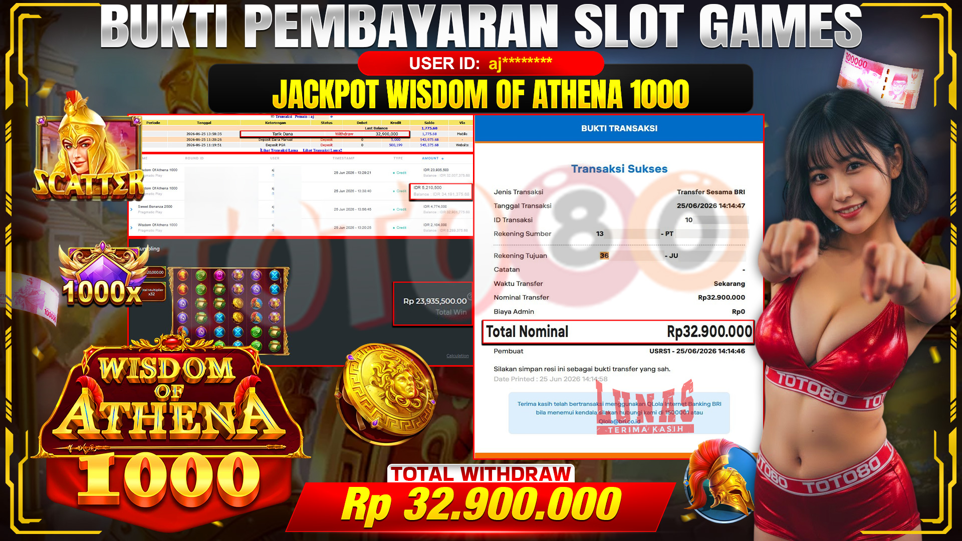 💰🎉  TOTO80 – JACKPOT SLOT WISDOM OF ATHENA 1000 RP. 32,900,000,- TELAH DIBAYARKAN! 💰🎉 
