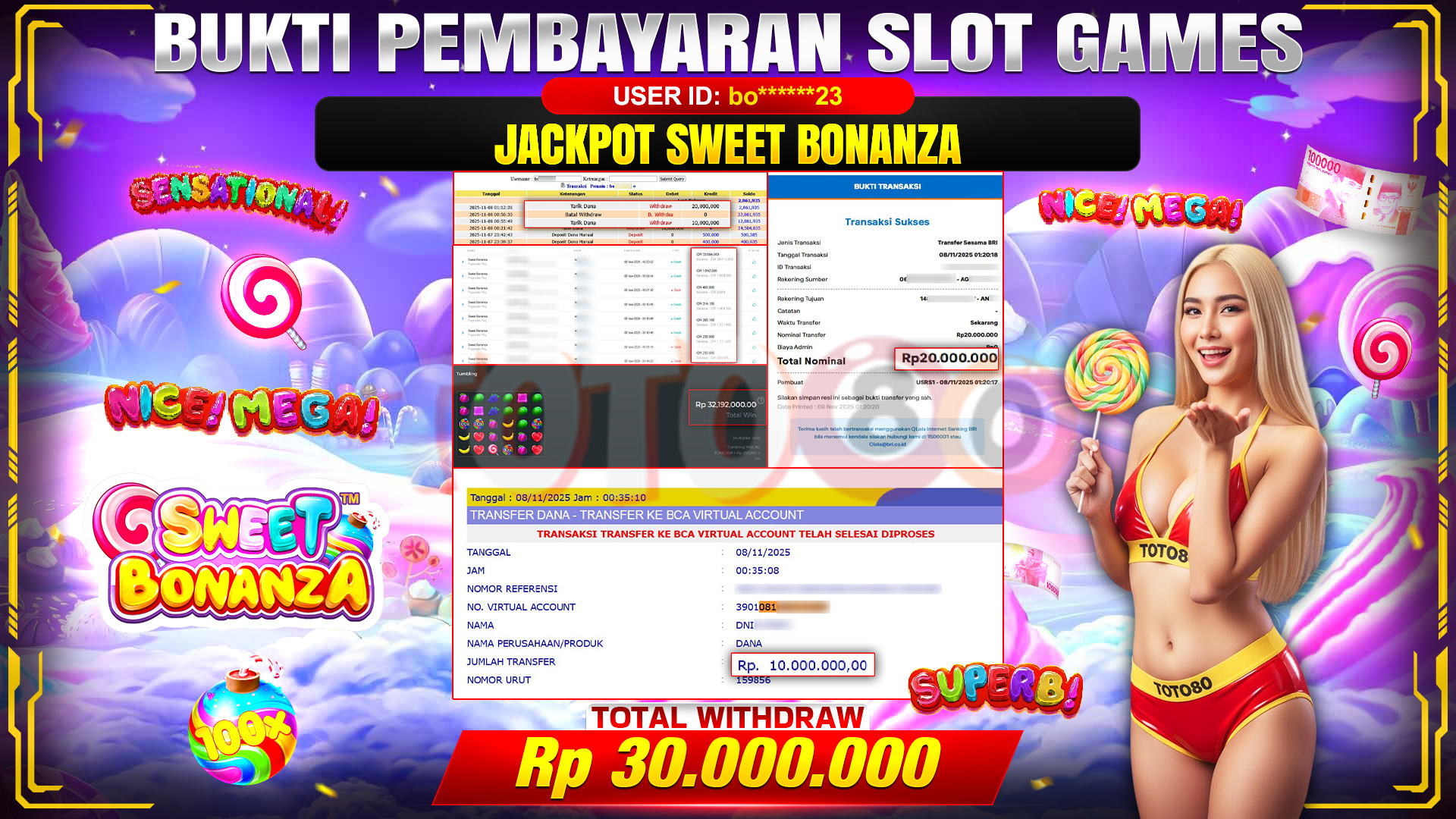 🎉 TOTO80 – JACKPOT SLOT SWEET BONANZA RP.30.000.000,- TELAH DIBAYARKAN! 🎉
