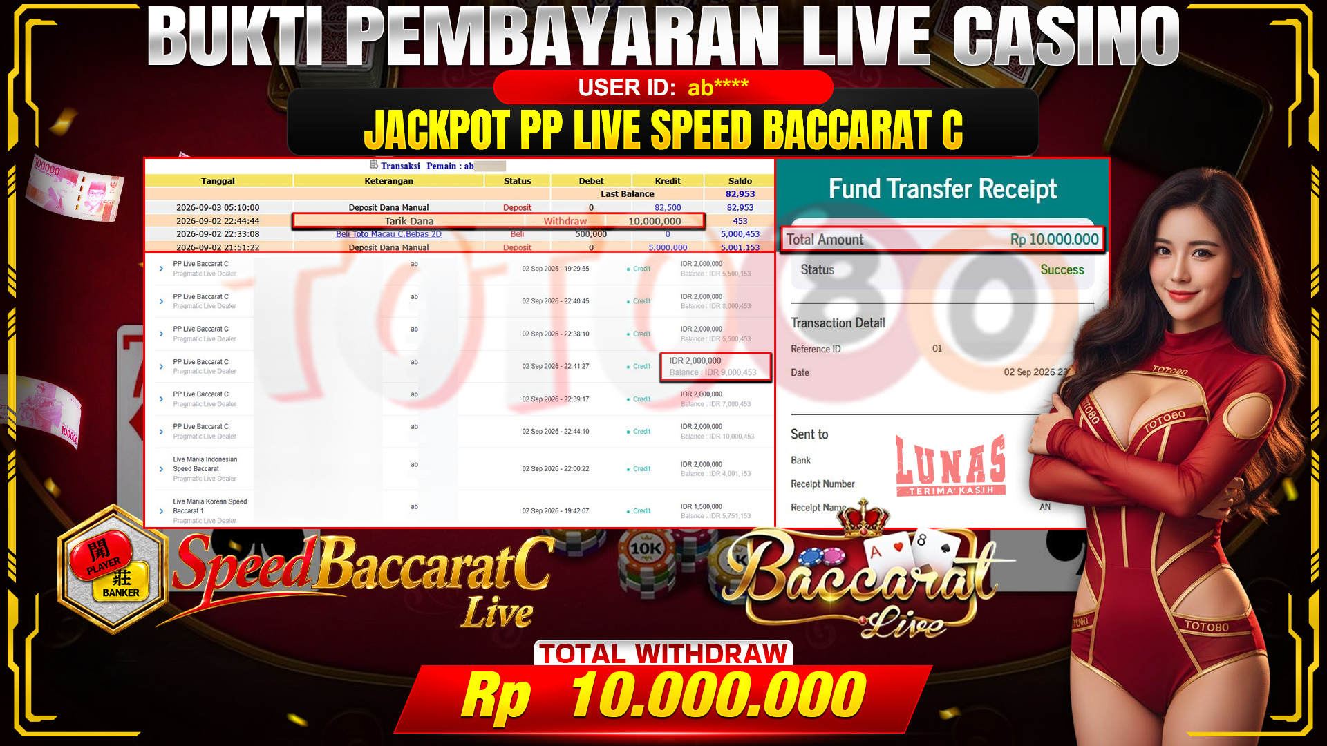 💰🎉 TOTO80 – JACKPOT PP LIVE SPEED BACCARAT C RP. 10,000,000,- TELAH DIBAYARKAN!💰🎉
