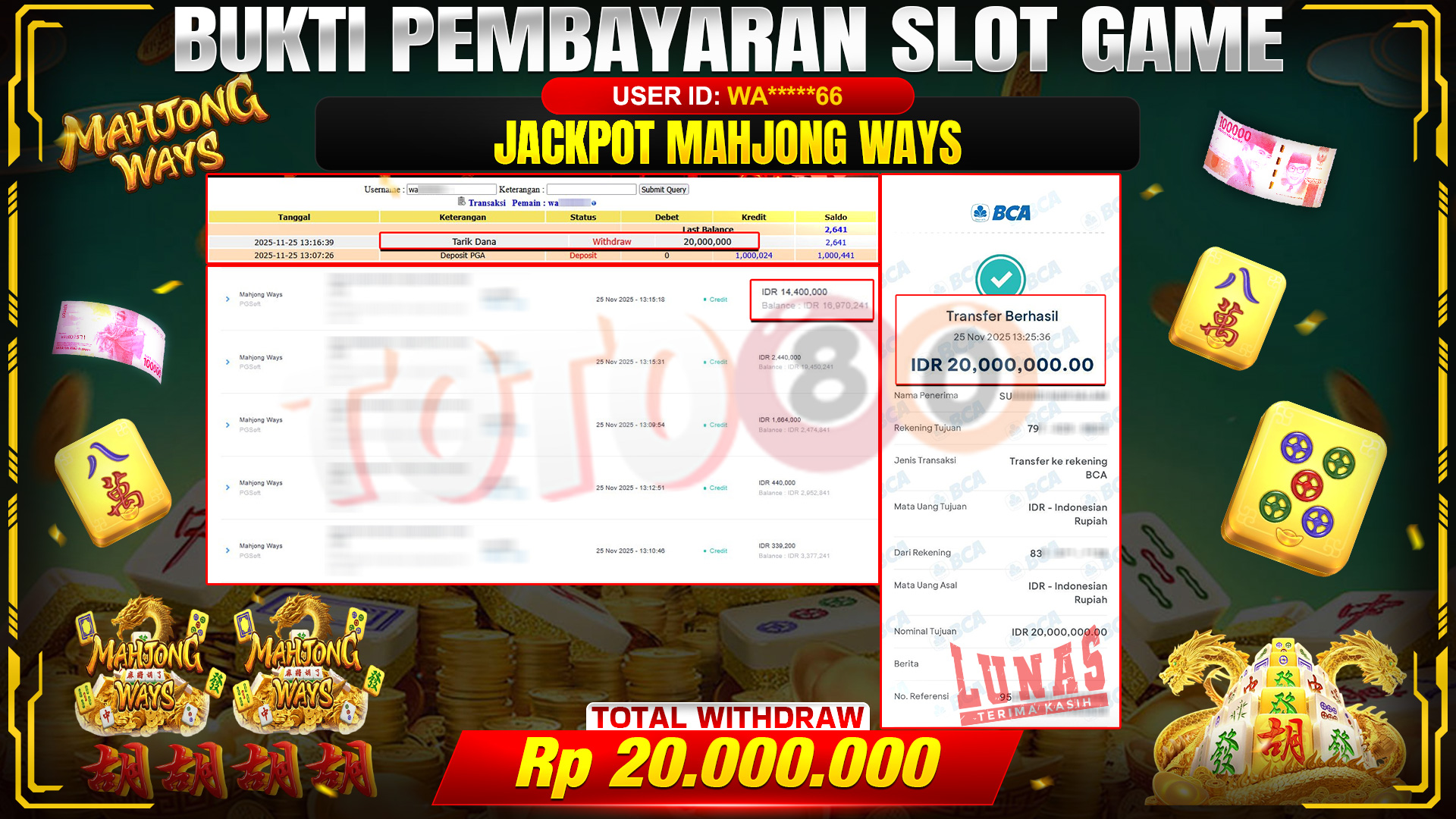 🎉 TOTO80 – JACKPOT SLOT MAHJONG WAYS RP.20,000,000,- TELAH DIBAYARKAN! 🎉