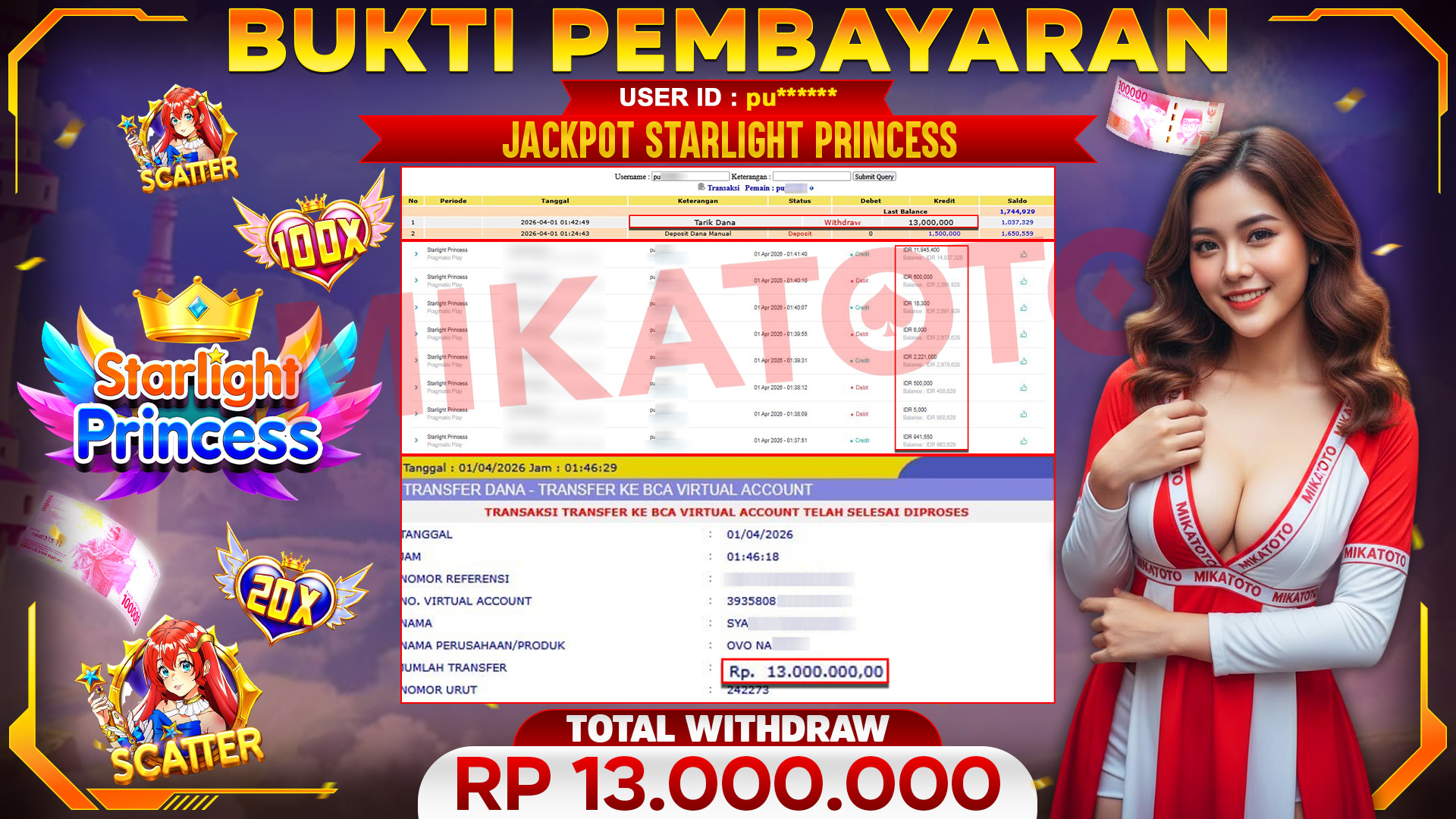 🏆 SELAMAT KEPADA PEMENANG JACKPOT DI Starlight Princess - Pragmatic Play 13,000,000🏆