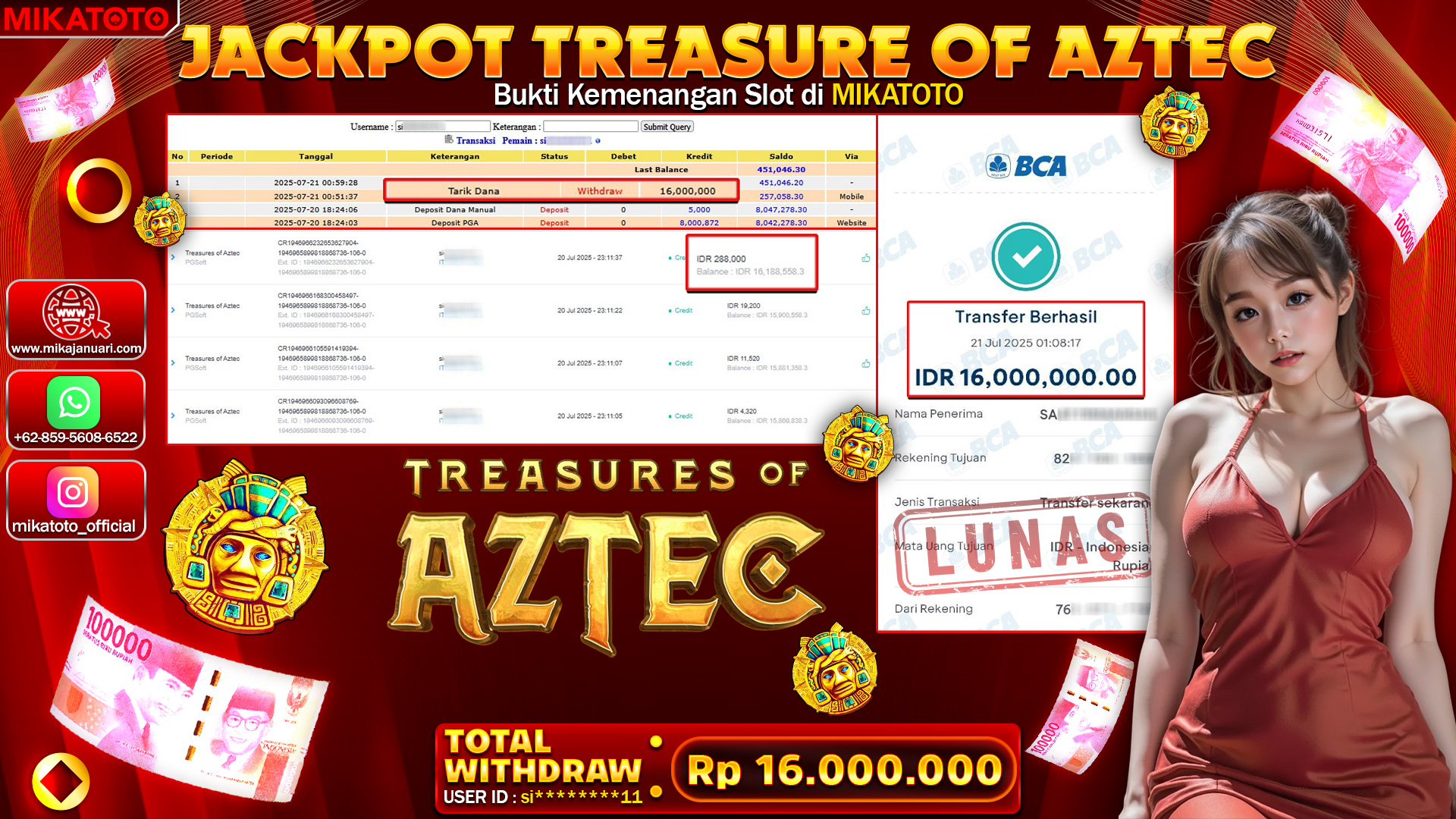 🏆 SELAMAT KEPADA PEMENANG JACKPOT DI  Treasures of Aztecs 16,000,000🏆