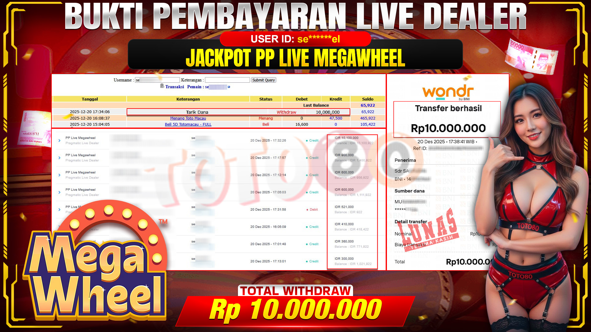 🎉 TOTO80 – JACKPOT PP LIVE MEGAWHEEL RP. 10,000,000,- TELAH DIBAYARKAN! 🎉