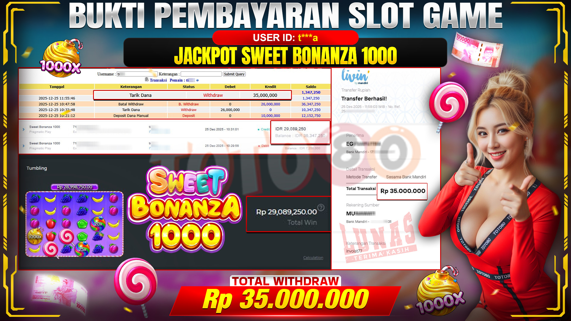 🎉 TOTO80 – JACKPOT SLOT SWEET BONANZA 1000  RP. 35,000,000,- TELAH DIBAYARKAN! 🎉