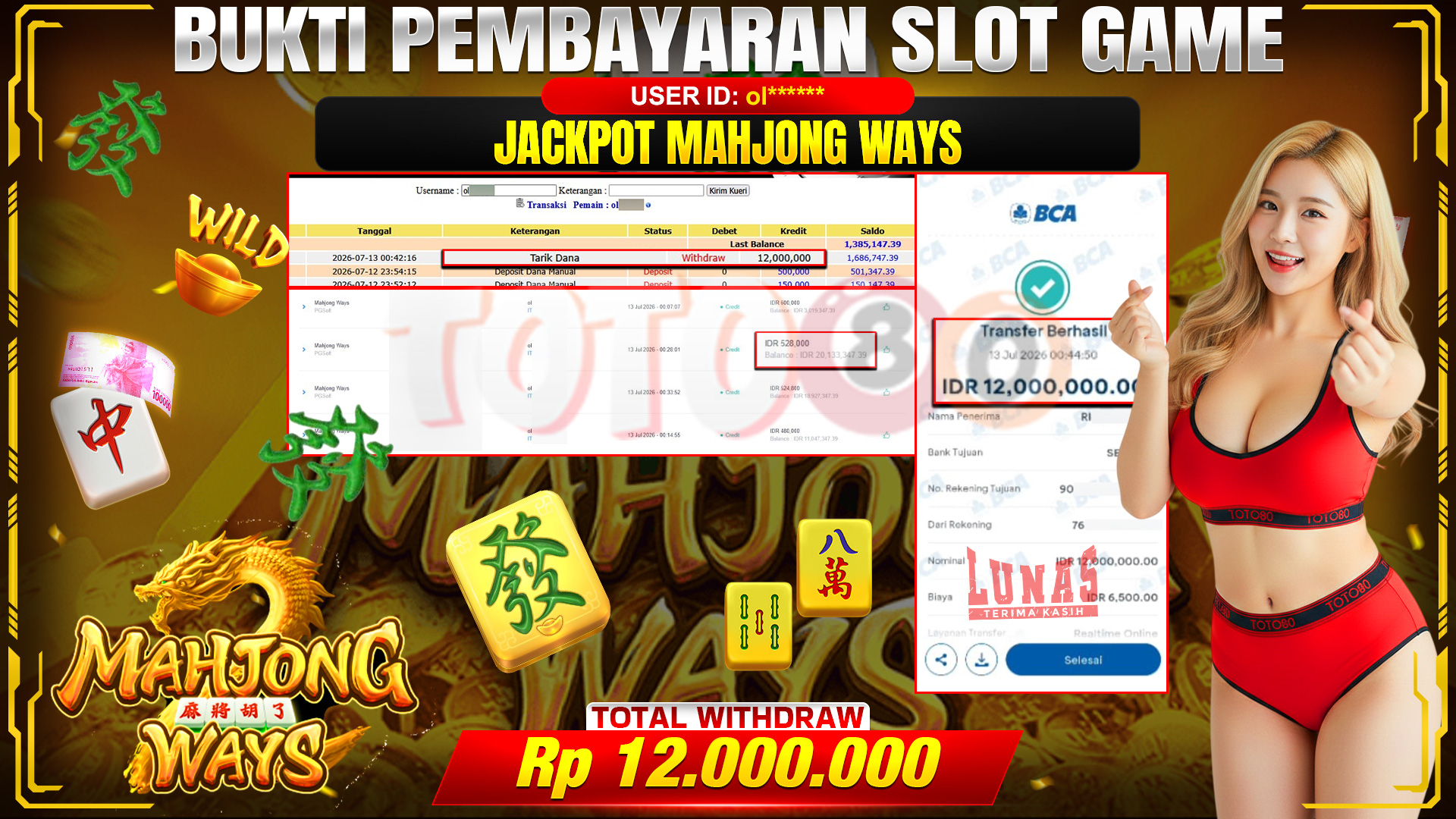💰🎉 TOTO80 – JACKPOT SLOT MAHJONG  WAYS  RP. 12,000,000,-   TELAH DIBAYARKAN!💰🎉
