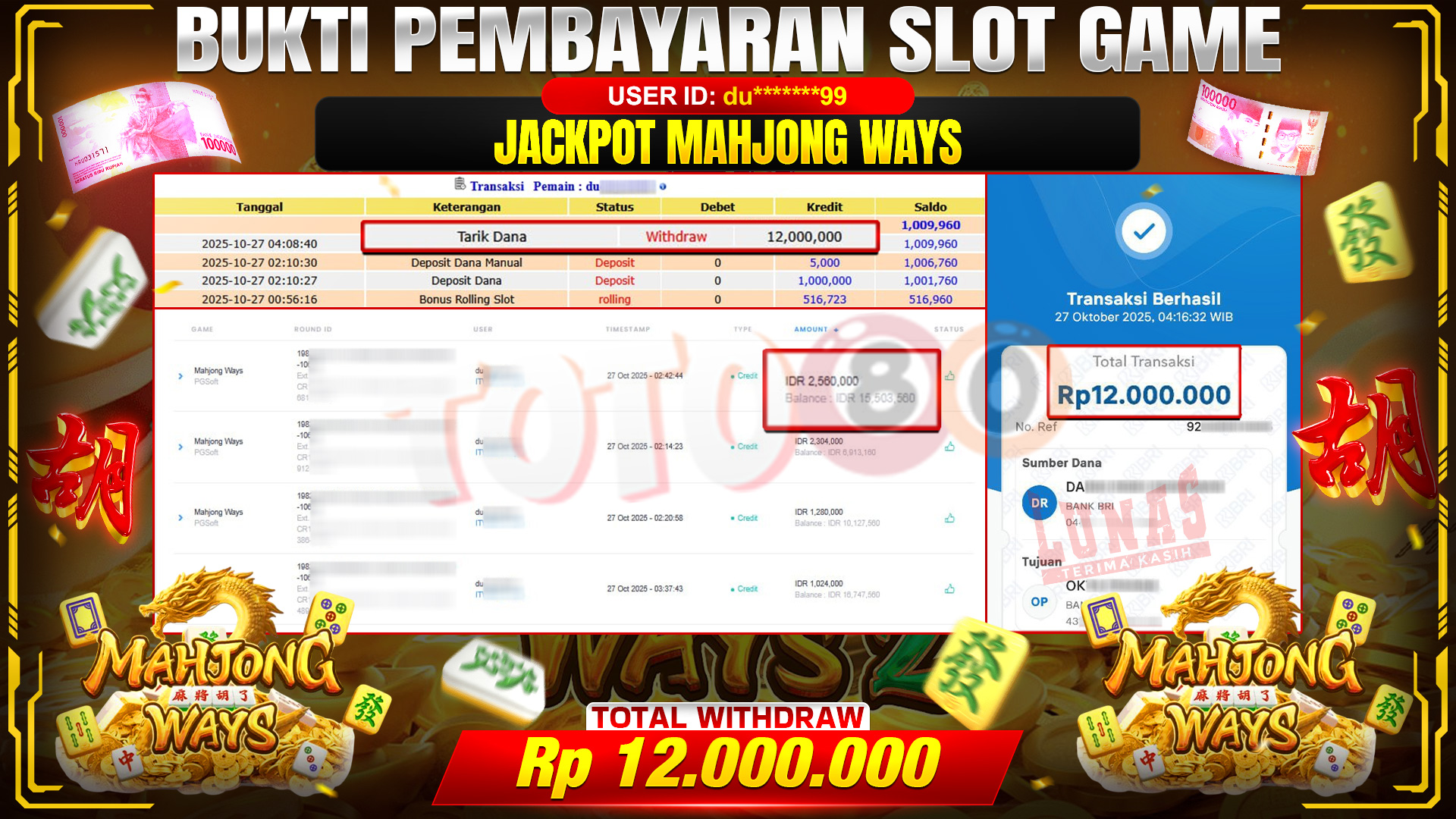 🎉 TOTO80 – JACKPOT SLOT MAHJONG WAYS RP.12.000.000,- TELAH DIBAYARKAN! 🎉
