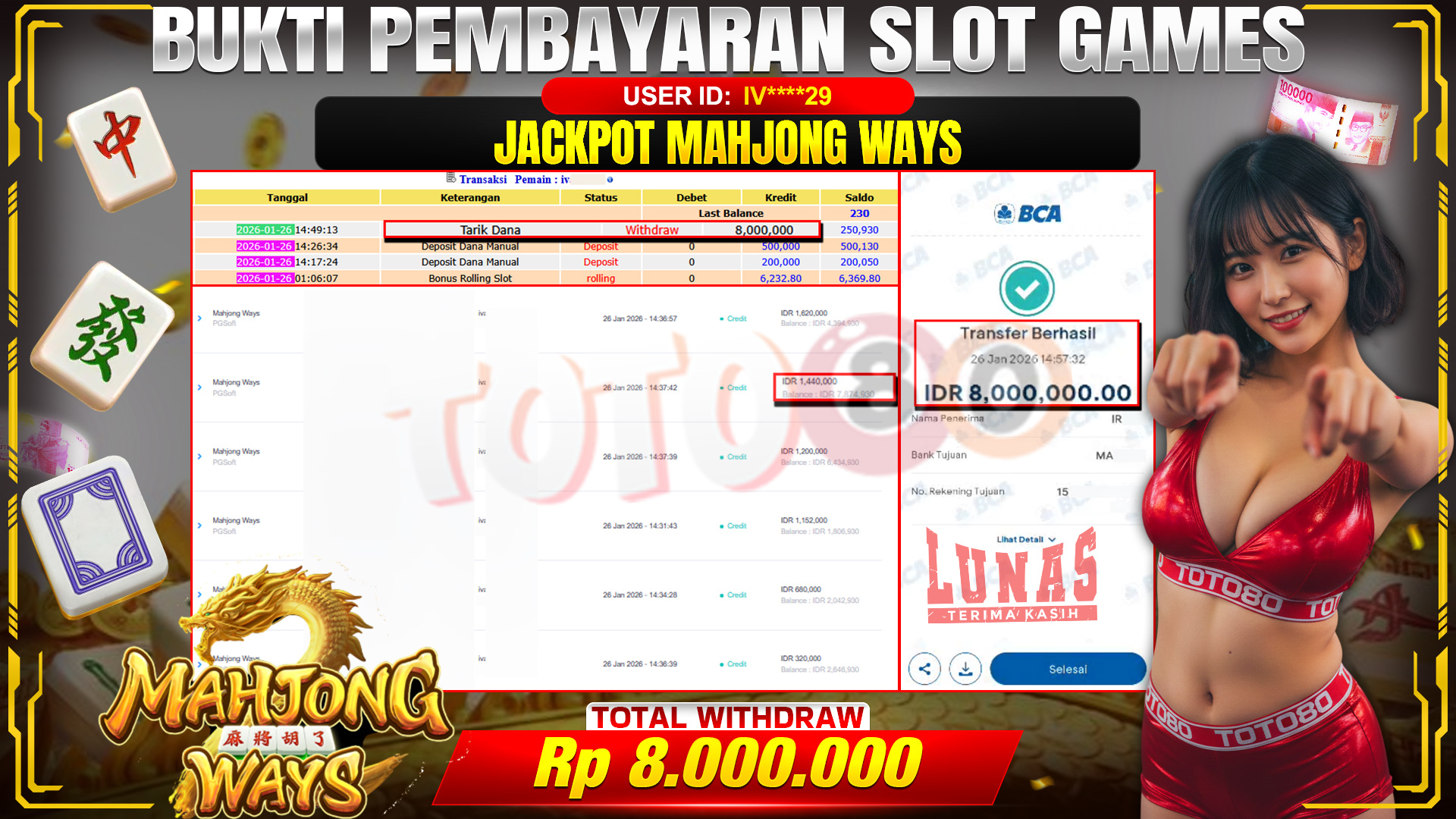 🎉 TOTO80 – JACKPOT SLOT MAHJONG WAYS RP. 8,000,000,- TELAH DIBAYARKAN! 🎉