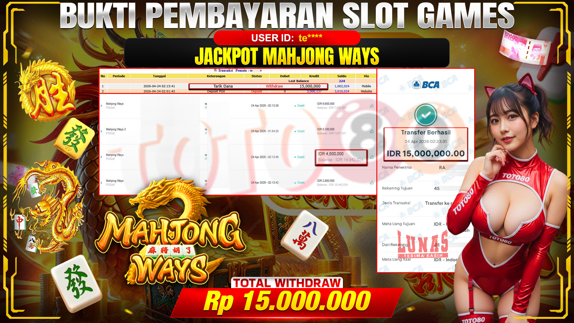 💰🎉 TOTO80 – JACKPOT SLOT MAHJONG WAYS RP. 15,000,000- TELAH DIBAYARKAN!💰🎉