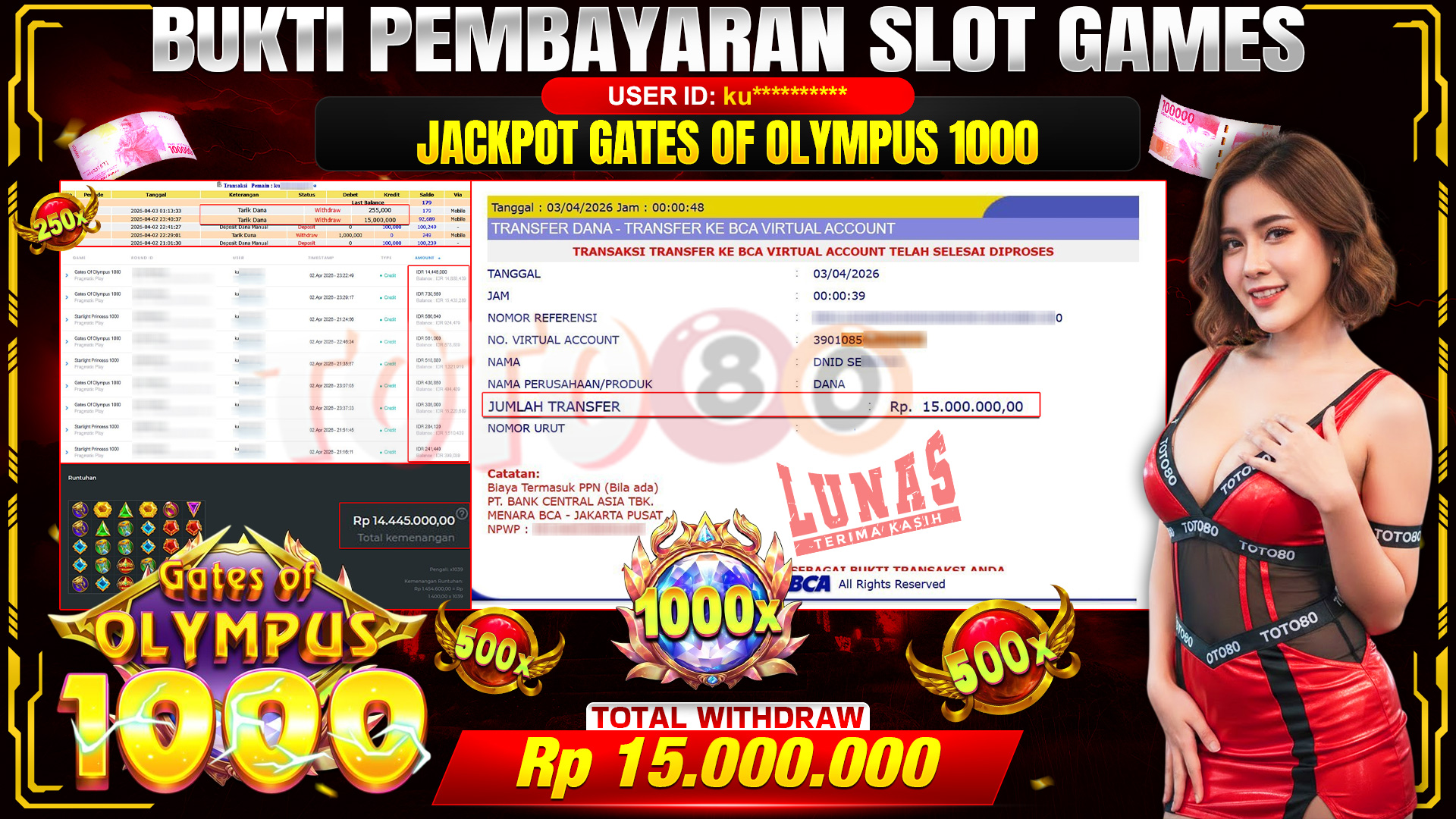 💰🎉 TOTO80 – JACKPOT SLOT GATES OF OLIMPUS 1000  RP. 15,000,000,- TELAH DIBAYARKAN!💰🎉