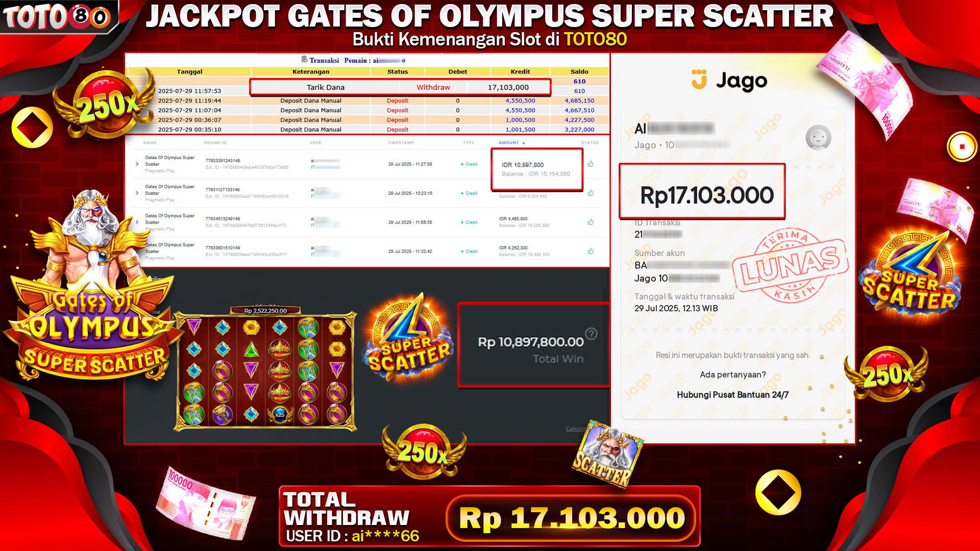 🎉 TOTO80 – JACKPOT SLOT GATES OF OLYMPUS SUPER SCATTER RP.17,103,000,- TELAH DIBAYARKAN! 🎉