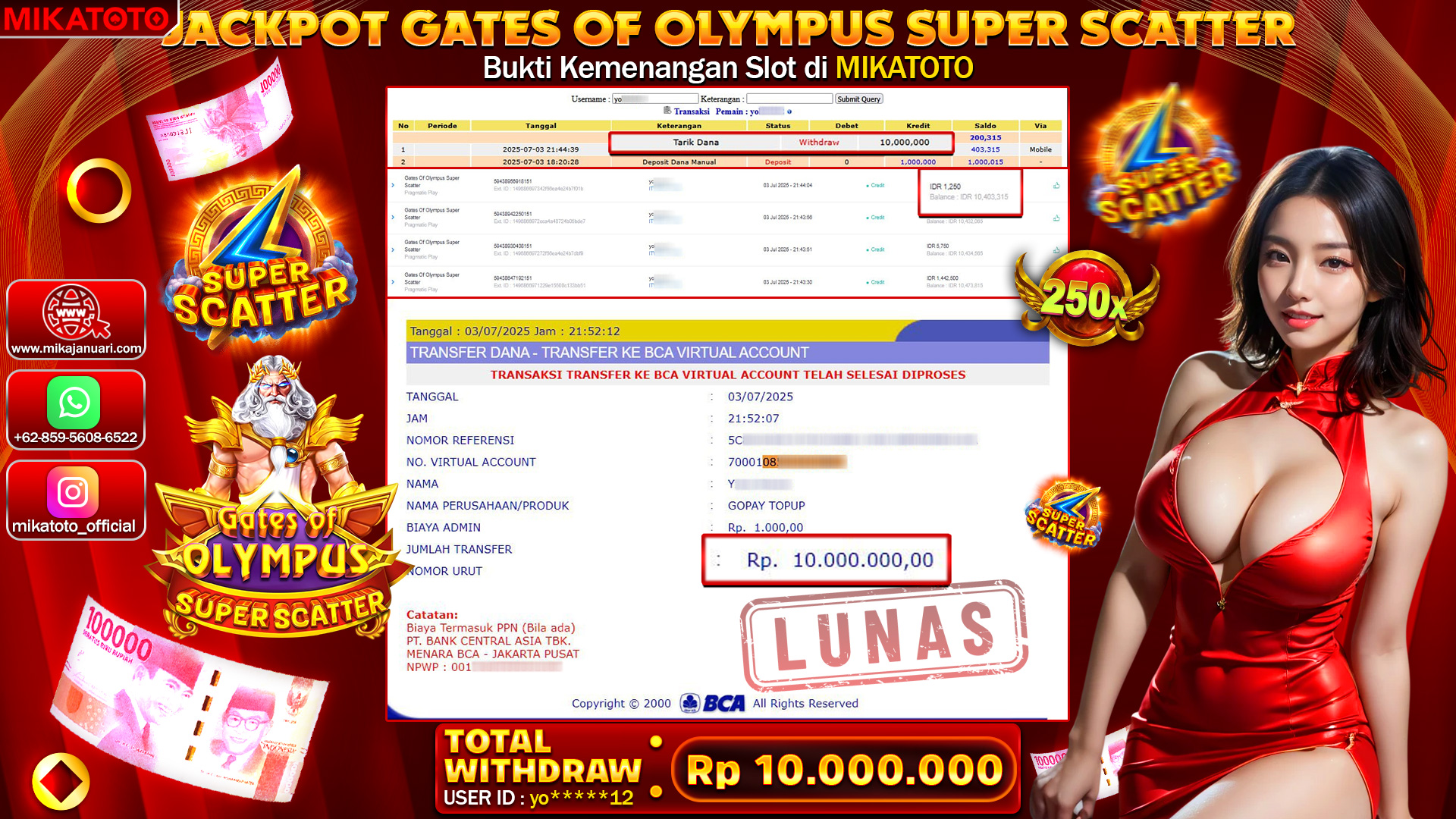 🏆 SELAMAT KEPADA PEMENANG JACKPOT DI Gates Of Olympus Super Scatter 10,000,000🏆