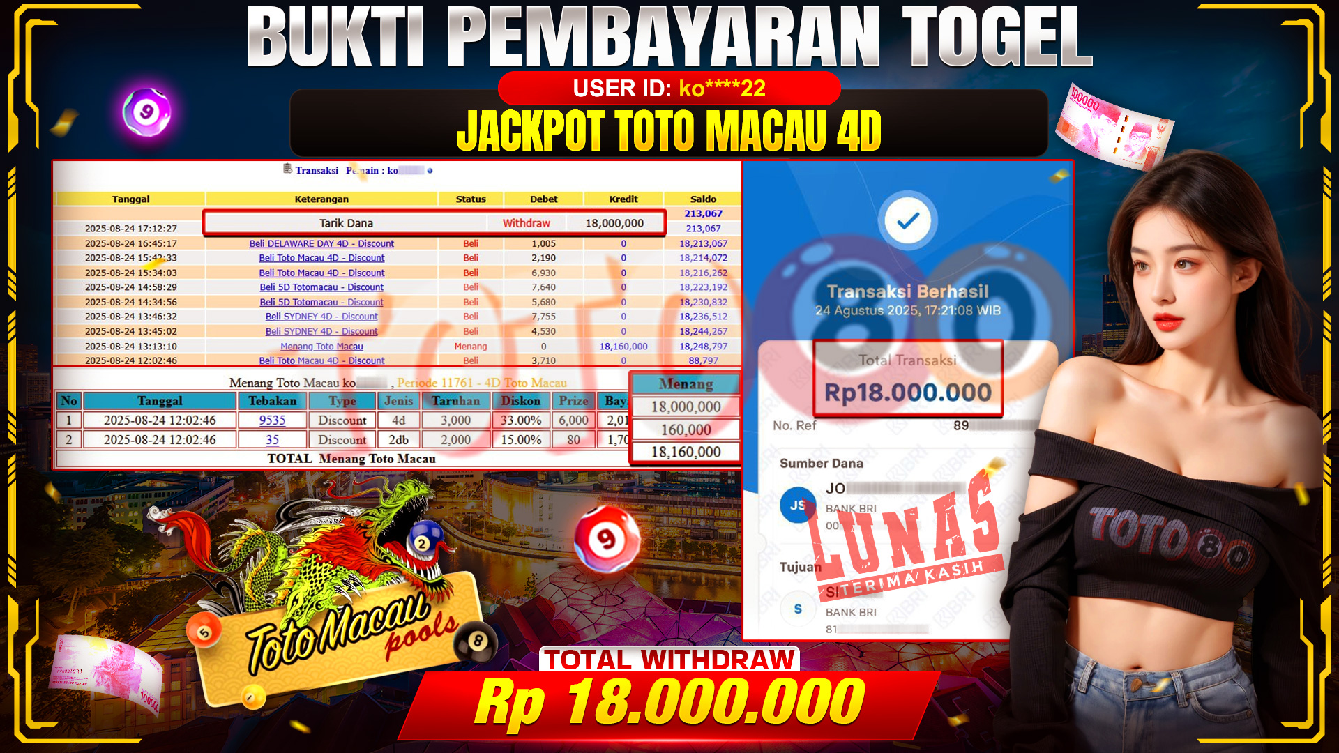 🎉 TOTO80 – JACKPOT TOGEL TOTO MACAU 4D RP.18,000,000,- TELAH DIBAYARKAN!🎉
