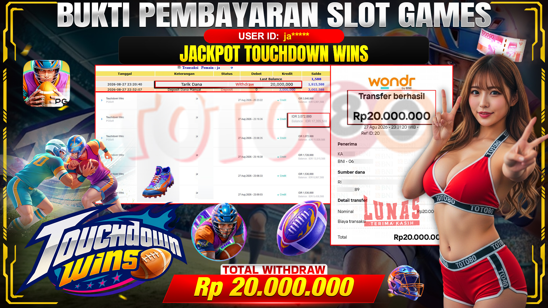 💰🎉 TOTO80 – JACKPOT SLOT TOUCHDOWN WINS RP. 20,000,000,- TELAH DIBAYARKAN!💰🎉