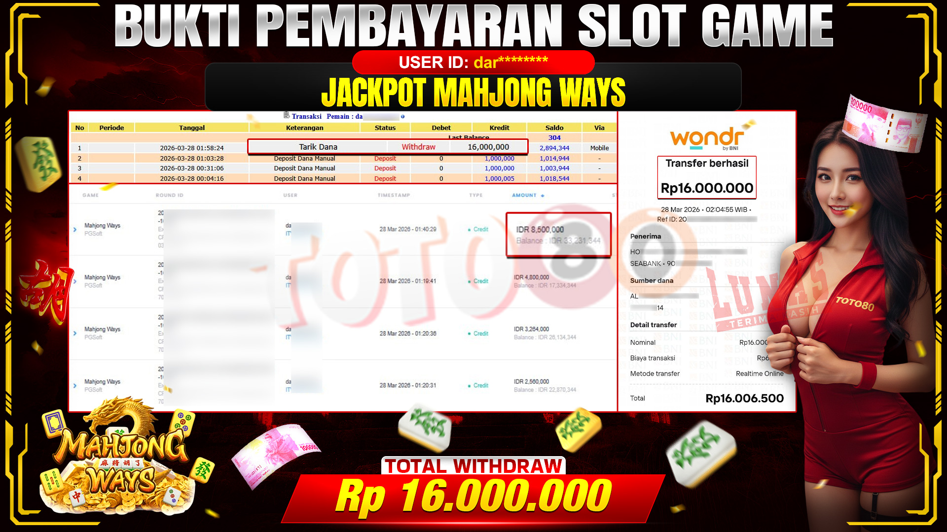 💰🎉TOTO80 – JACKPOT SLOT MAHJONG WAYS  RP. 16,000,000,- TELAH DIBAYARKAN! 💰🎉