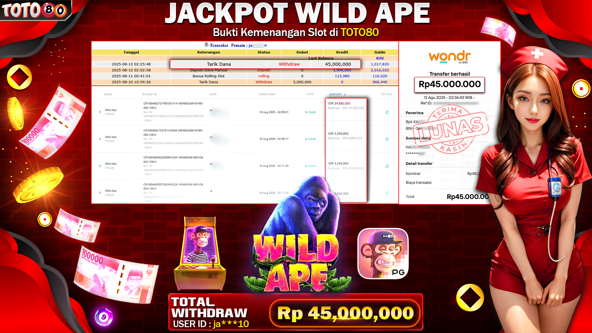 🎉 TOTO80 – JACKPOT GAME WILD APE RP.45,000,000,- TELAH DIBAYARKAN! 🎉