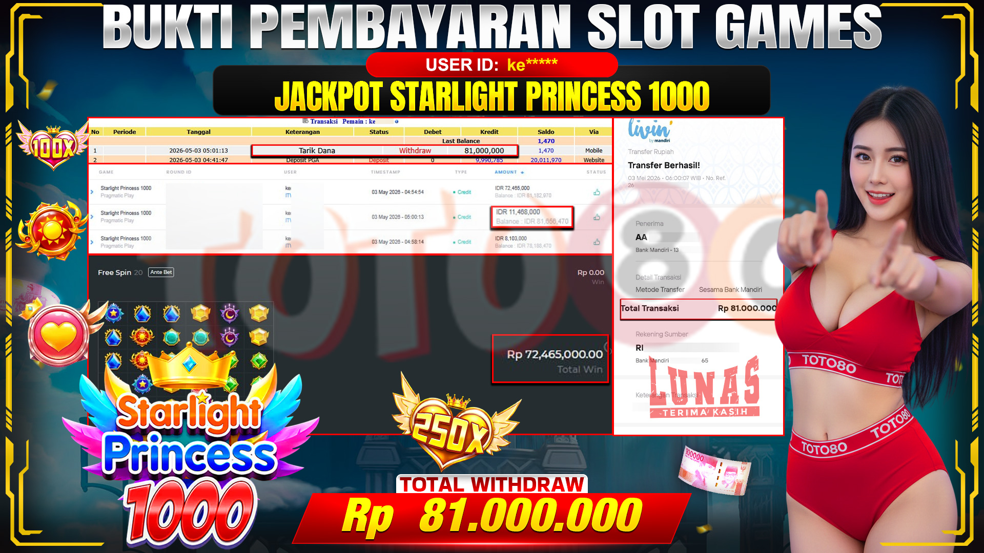 💰🎉 TOTO80 – JACKPOT SLOT STARLIGHT PRINCESS 1000 RP. 81,000,000,- TELAH DIBAYARKAN!💰🎉