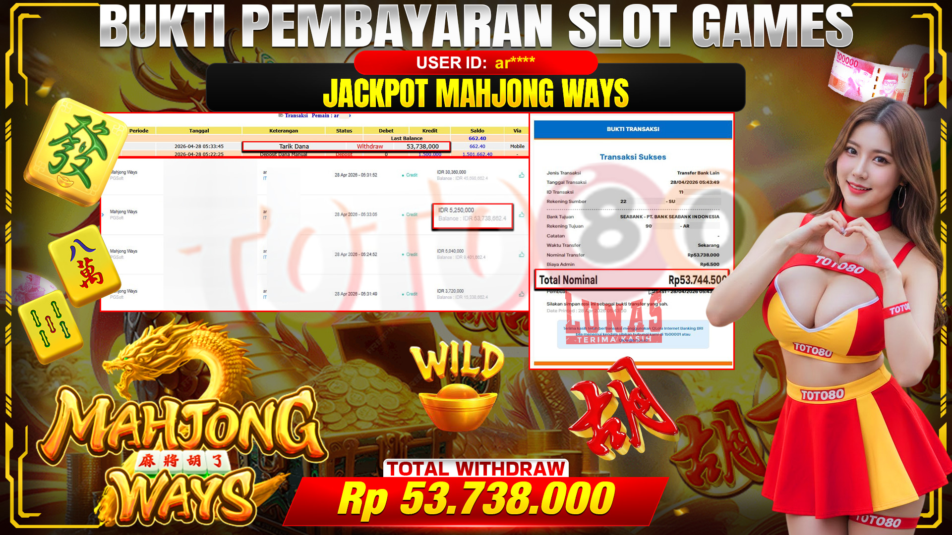 💰🎉 TOTO80 – JACKPOT SLOT MAHJONG WAYS  RP. 53,738,000,-   TELAH DIBAYARKAN!💰🎉