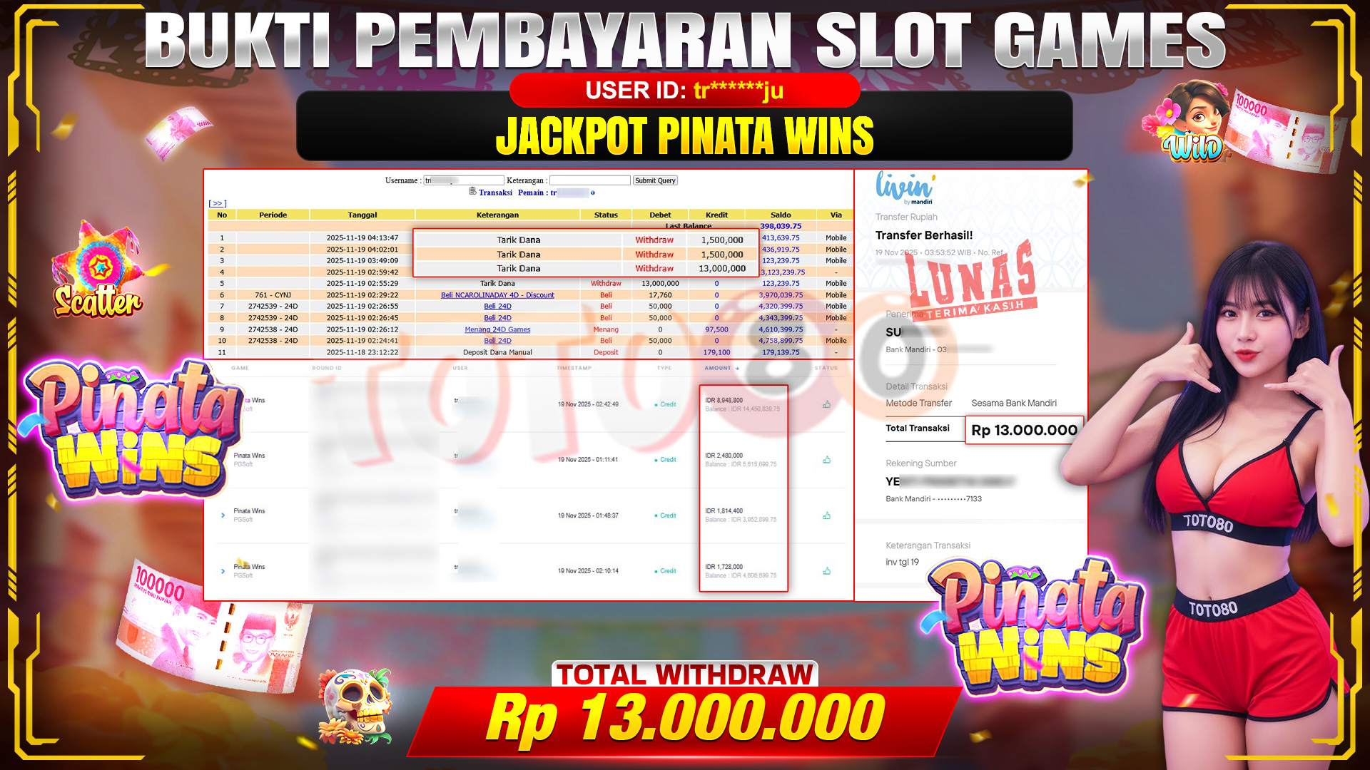 🎉 TOTO80 – JACKPOT SLOT PINATA WINS RP.13,000,000,- TELAH DIBAYARKAN! 🎉