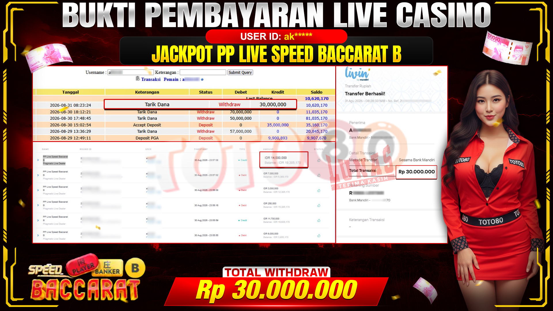 💰🎉 TOTO80 – JACKPOT PP LIVE SPEED BACCARAT B RP. 30,000,000,- TELAH DIBAYARKAN!💰🎉