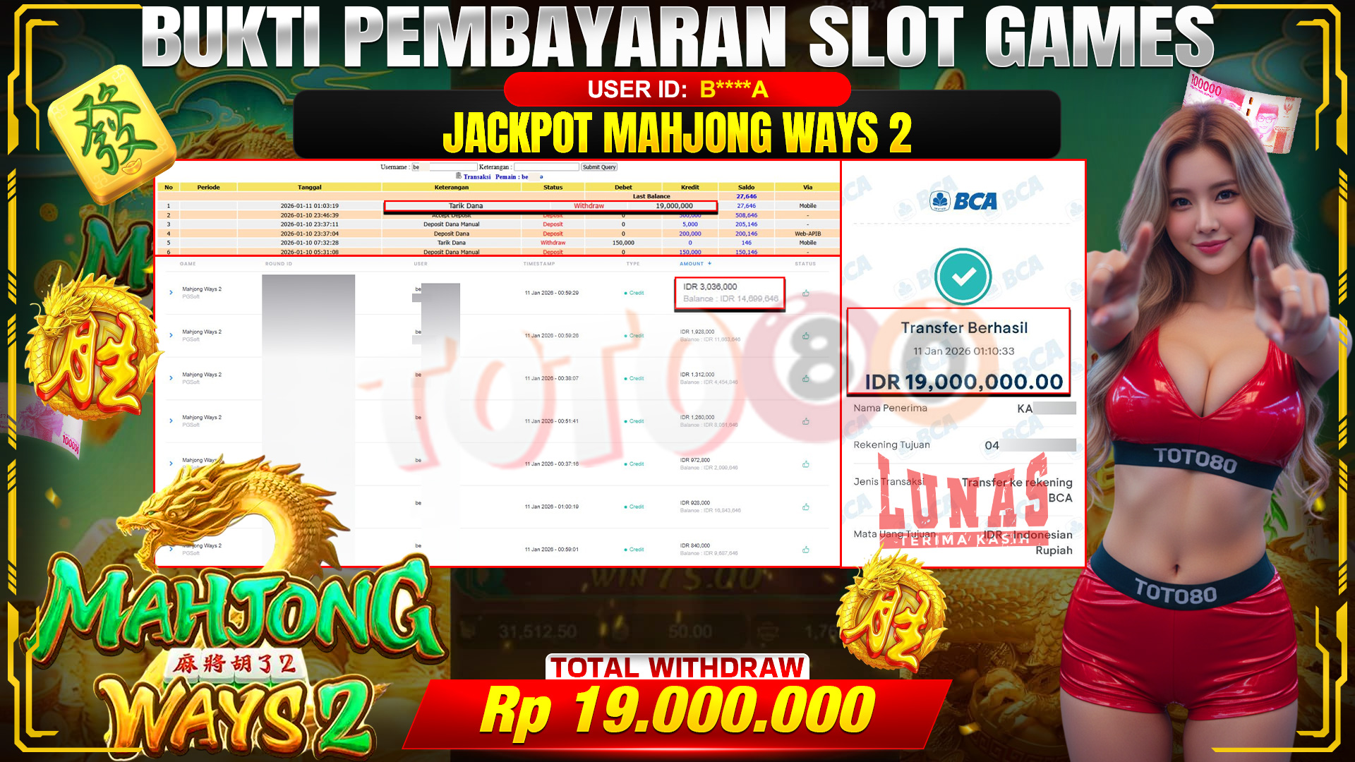 🎉 TOTO80 – JACKPOT SLOT MAHJONG WAYS 2 RP. 19,000,000,- TELAH DIBAYARKAN! 🎉