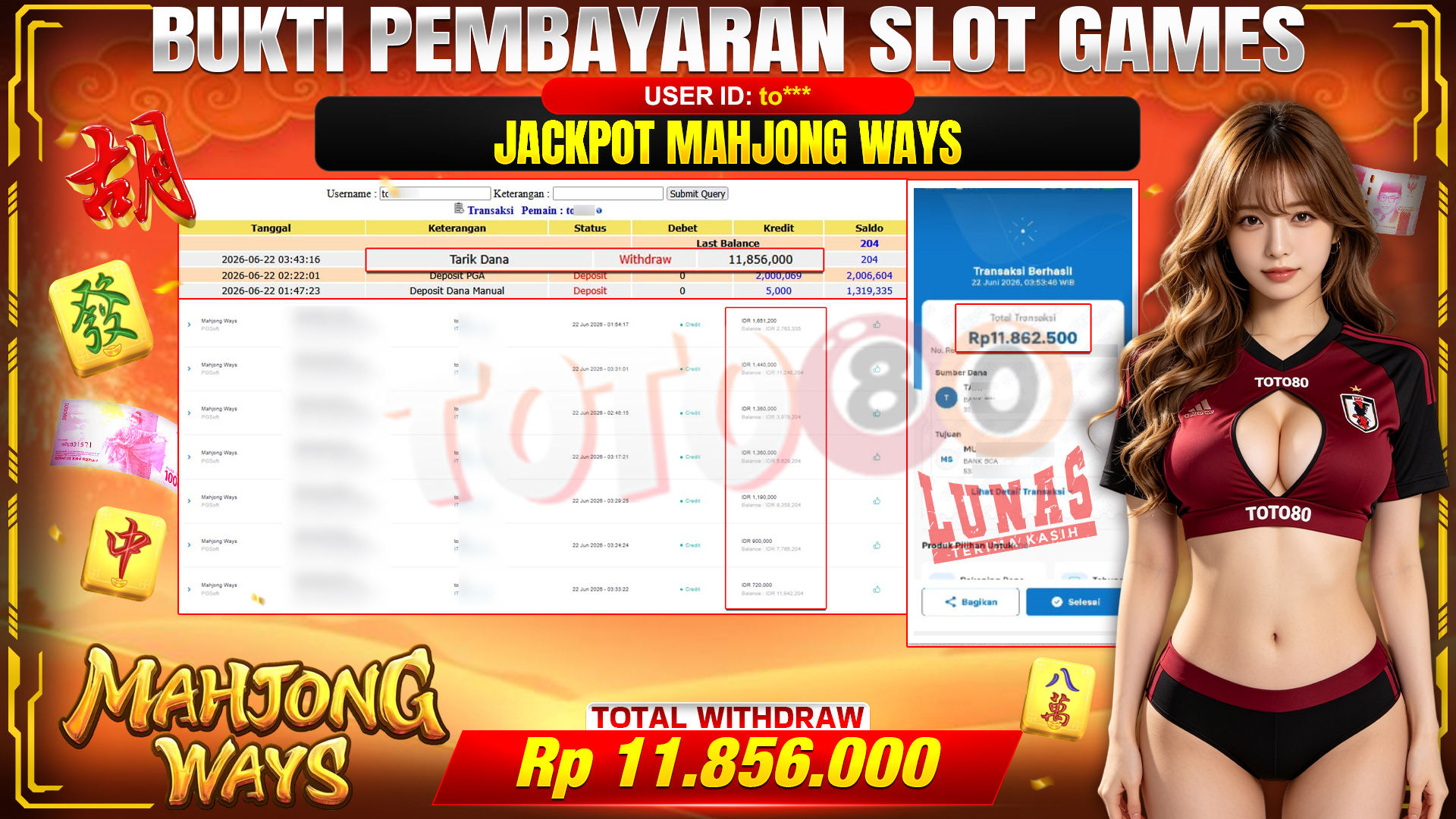 💰🎉 TOTO80 – JACKPOT SLOT MAHJONG  WAYS  RP. 11.856,000,-   TELAH DIBAYARKAN!💰🎉