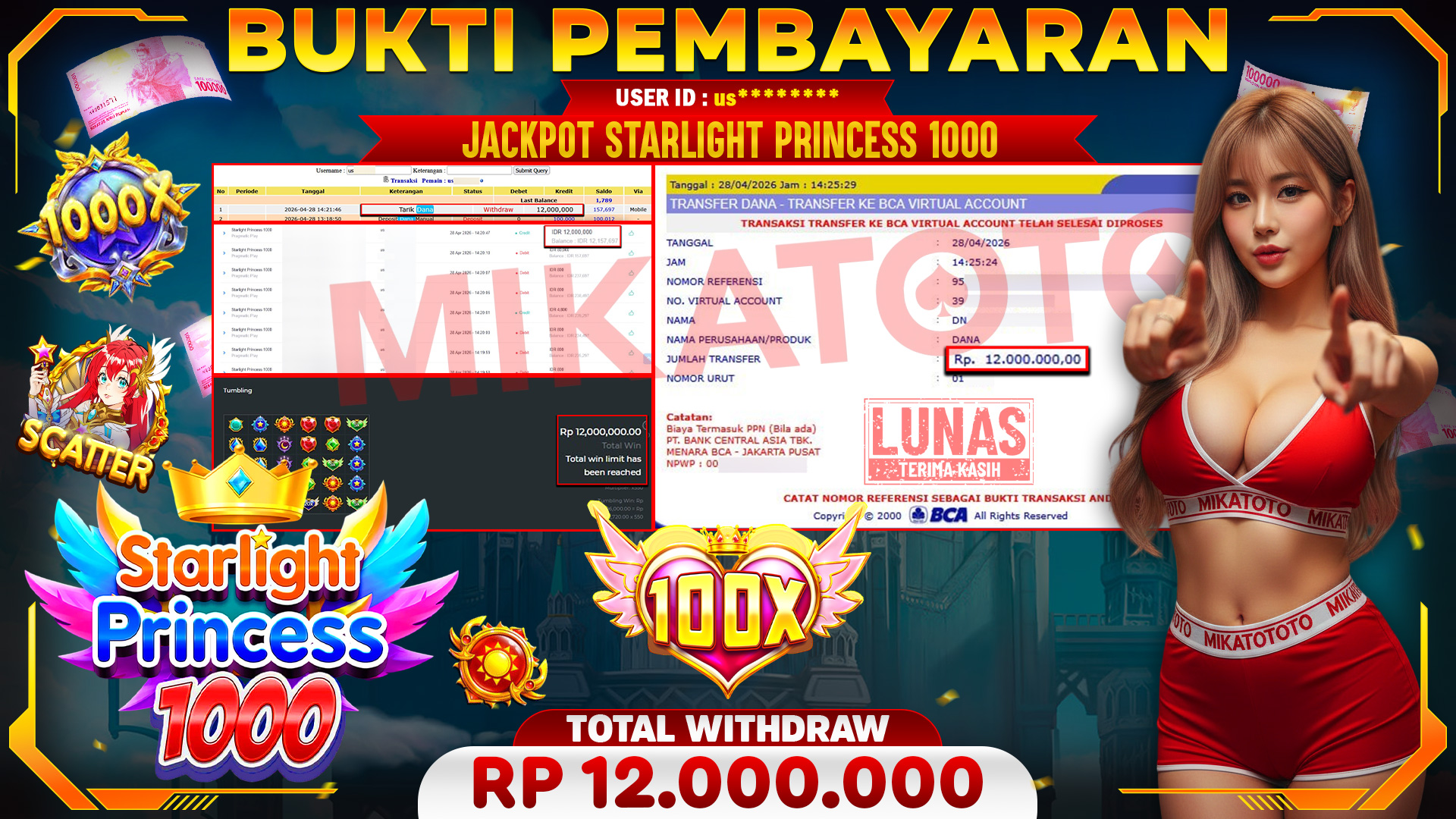 🏆 SELAMAT KEPADA PEMENANG JACKPOT DI Starlight Princess 1000 - Pragmatic Play 12,000,000🏆