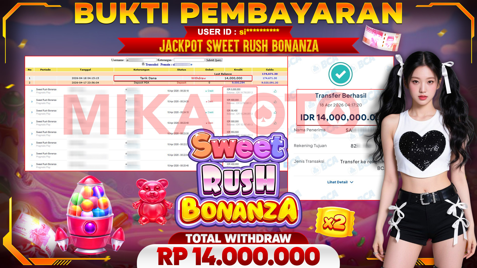 🏆 SELAMAT KEPADA PEMENANG JACKPOT DI Sweet Rush Bonanza - Pragmatic Play 14,000,000🏆
