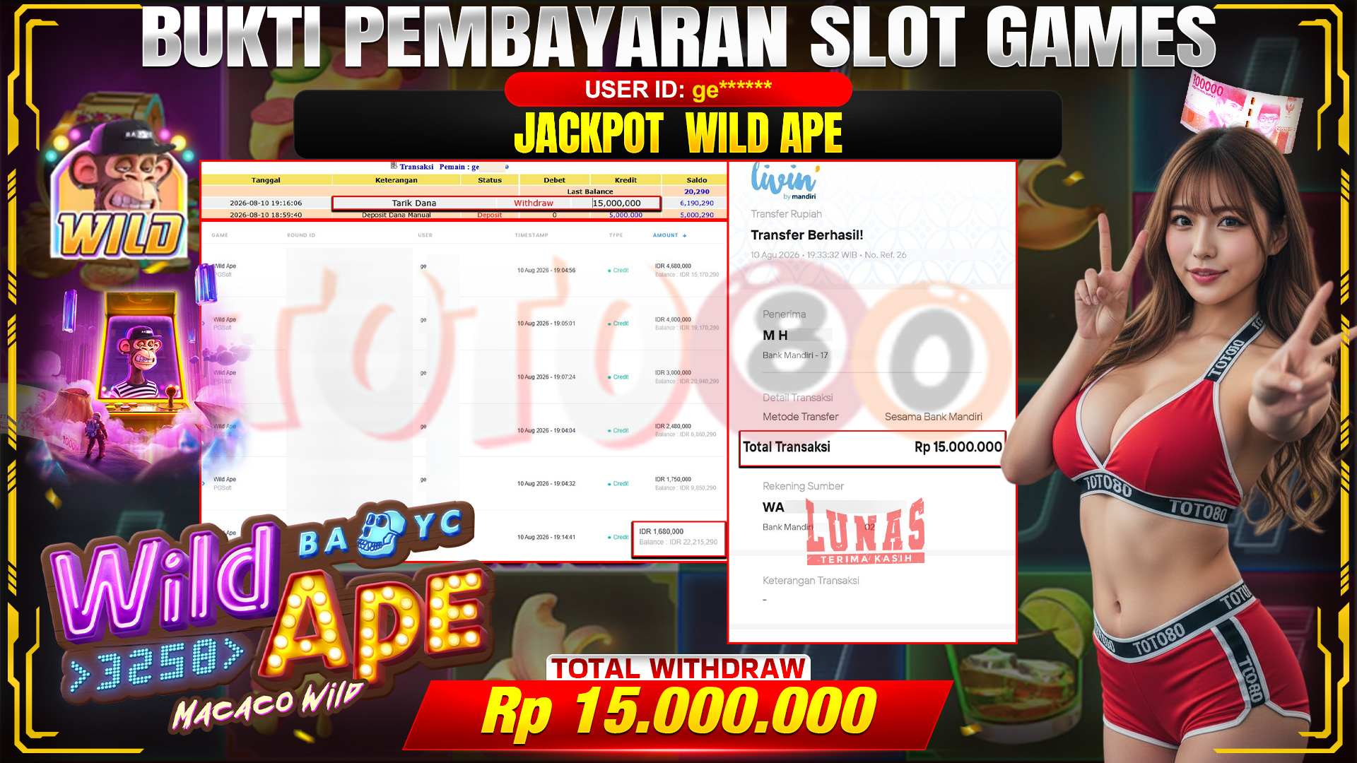 💰🎉 TOTO80 – JACKPOT SLOT WILD APE  RP. 15,000,000,- TELAH DIBAYARKAN!💰🎉