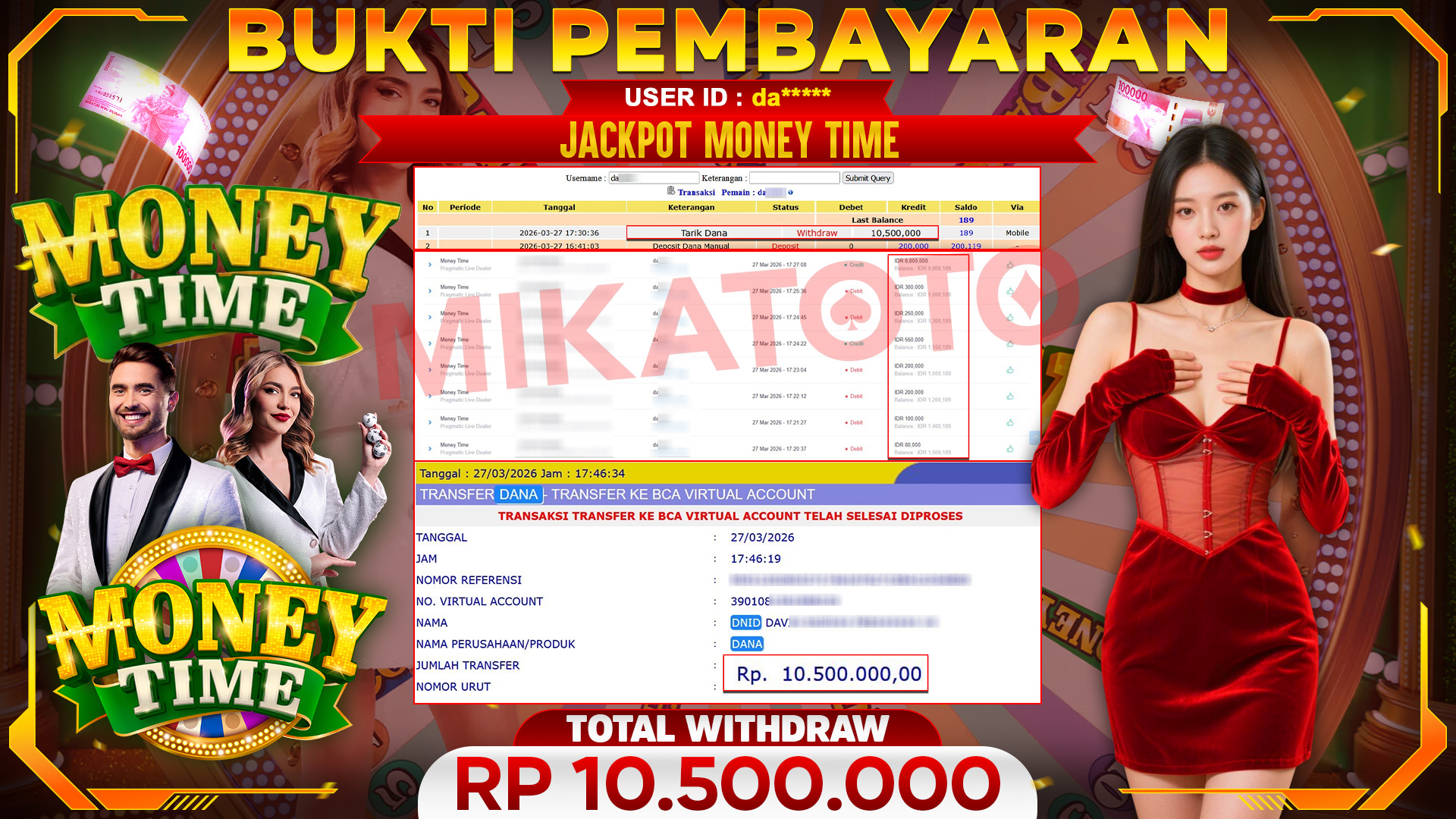 🏆 SELAMAT KEPADA PEMENANG JACKPOT DI Money Time - Pragmatic Live Dealer 10,500,000🏆