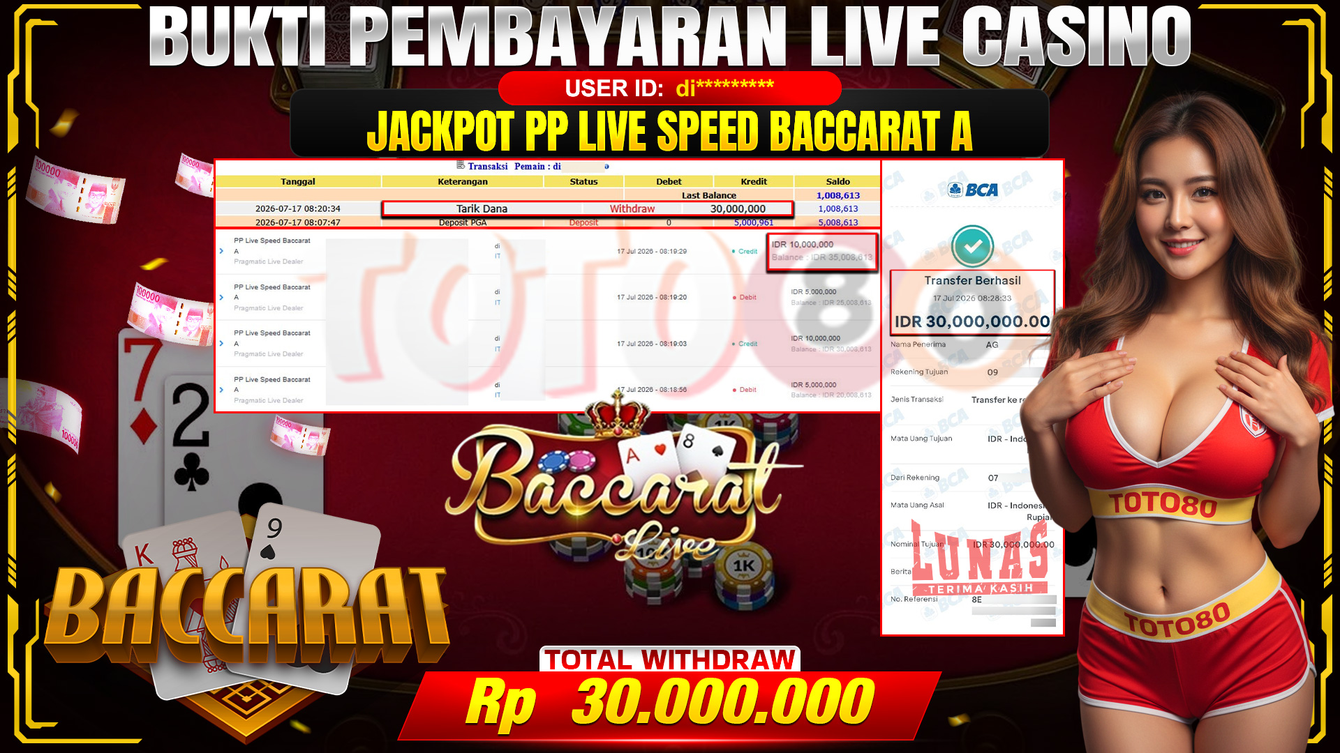 💰🎉 TOTO80 – JACKPOT PP LIVE  BACCARAT A RP. 30,000,000,- TELAH DIBAYARKAN!💰🎉