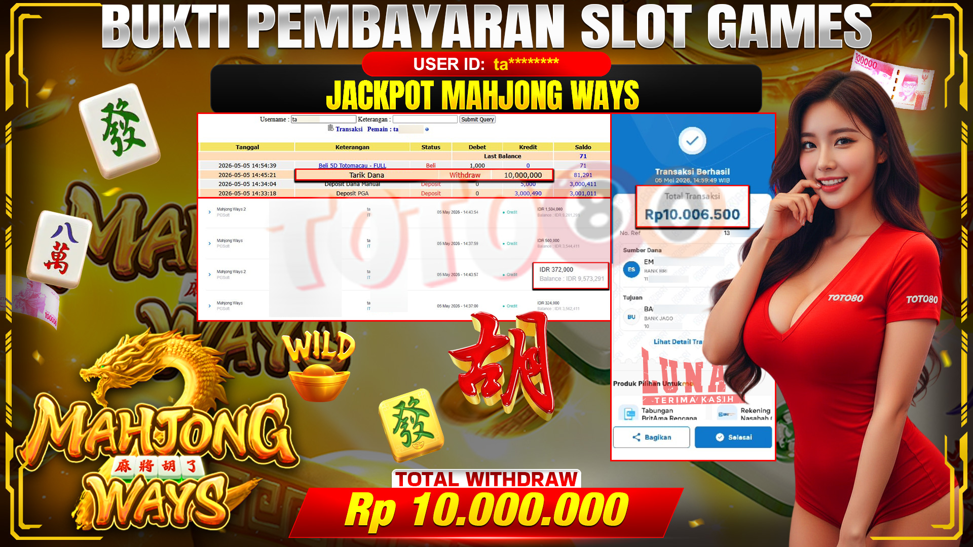 💰🎉 TOTO80 – JACKPOT SLOT MAHJONG WAYS RP. 10,000,000,- TELAH DIBAYARKAN!💰🎉